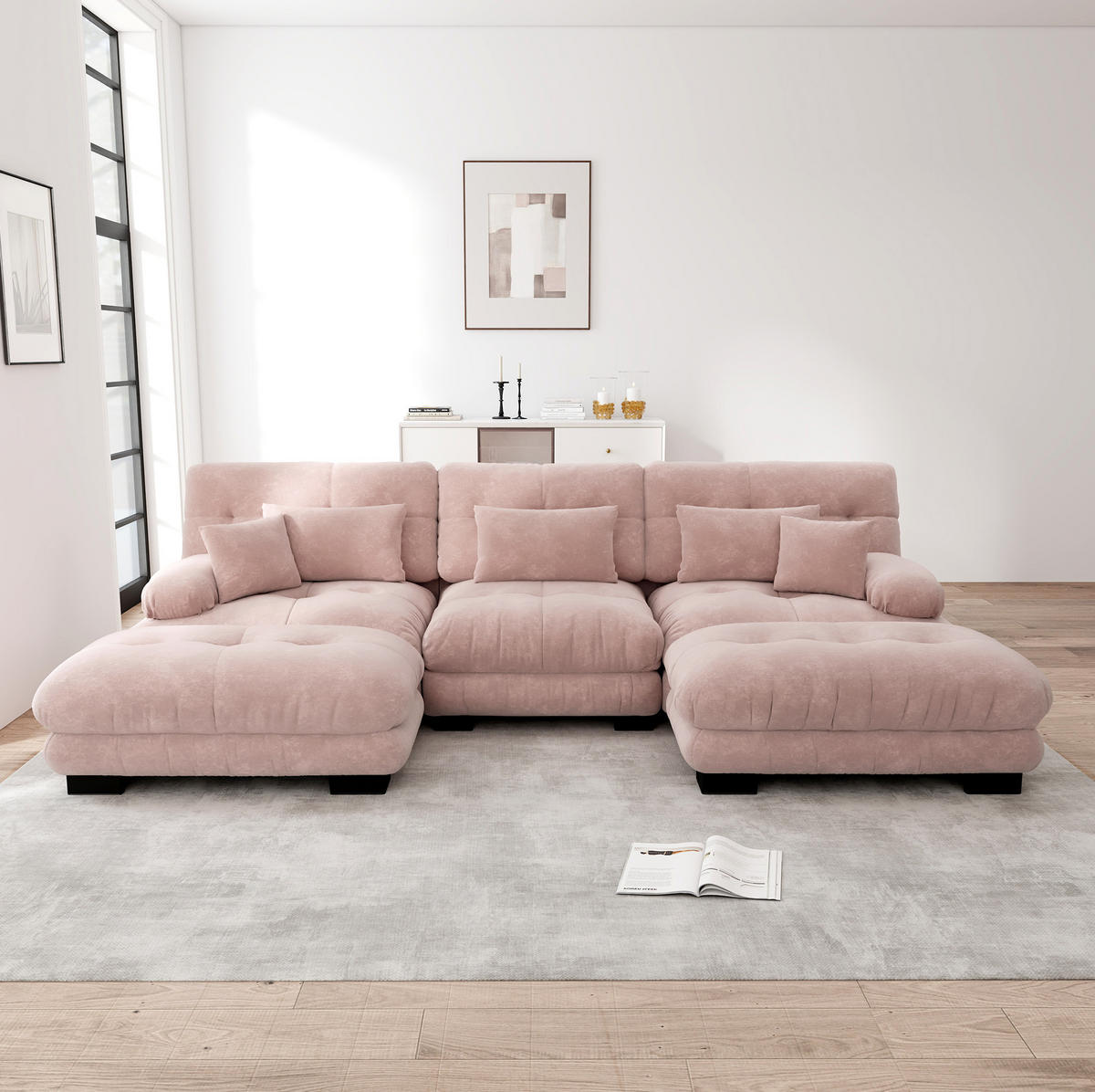 WOHNLANDSCHAFT in Rosa aus Chenille mit Ottomane und tiefem Sitz - Pink, Textil (145/81/313cm) - Flora Grace