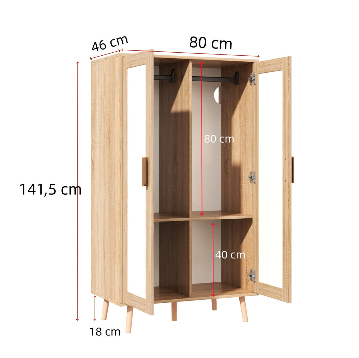 KLEIDERSCHRANK aus MDF 80x46x141,5 cm Weiß/Natur mit Kleiderstange, Ablagefach und Kippschutz - Naturfarben, Holzwerkstoff (80/141.5/46cm) - Modfu