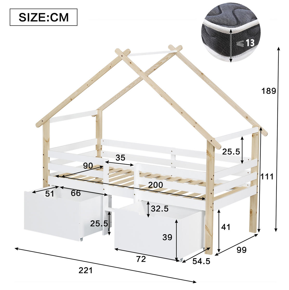 DOMČEKOVÁ posteľ 90/200 cm biela/prírodná so schodíkmi a úložnými skrinkami z masívu a MDF - biela, kompozitné drevo (90/200cm) - OKWISH
