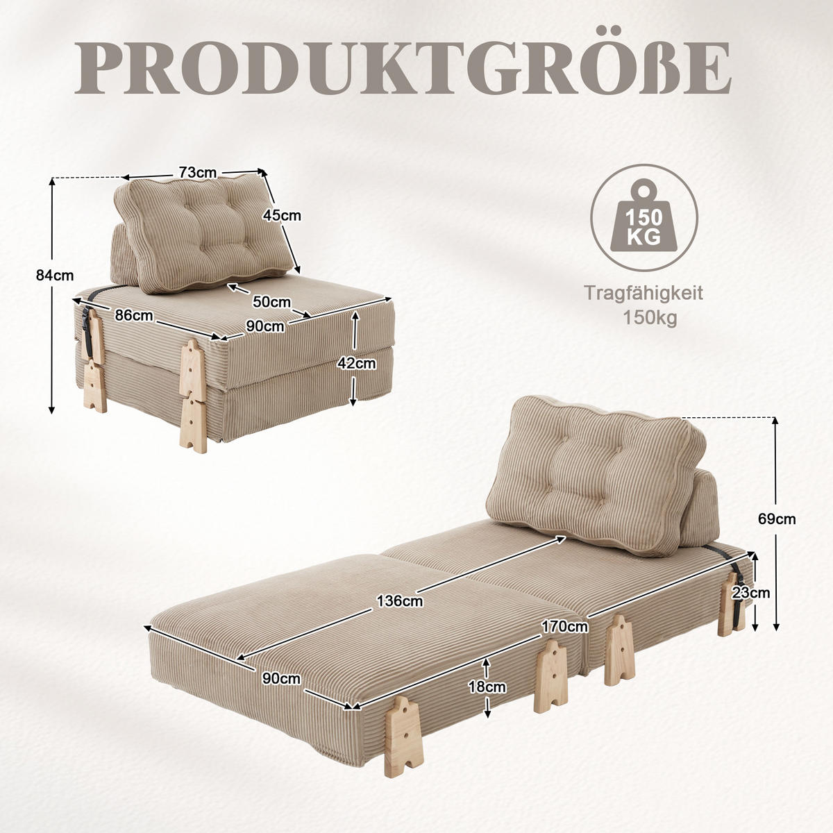 SCHLAFSESSEL ausklappbar mit Holzgestell, DE-42596, Khaki - Sandfarben, Holzwerkstoff (90/84/86cm) - ComfortXL