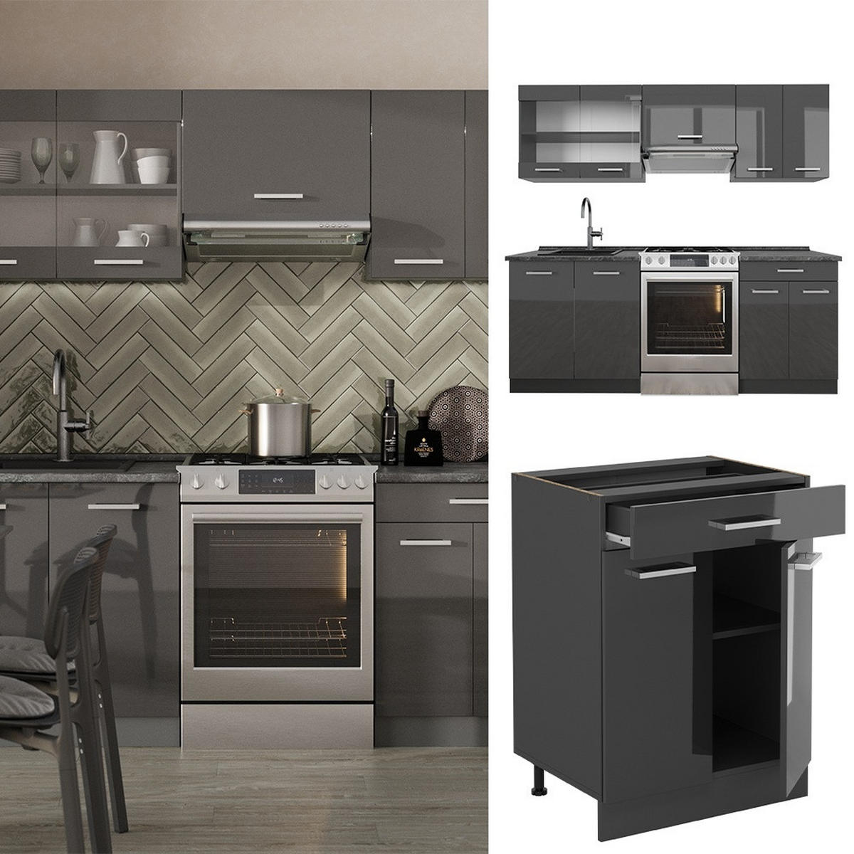 KUHINJSKI BLOK R-Line Antracit visok sijaj/antracit 200 cm , DP Hrast - črna/visok sijaj, leseni material (200/81.6/60cm) - Vicco