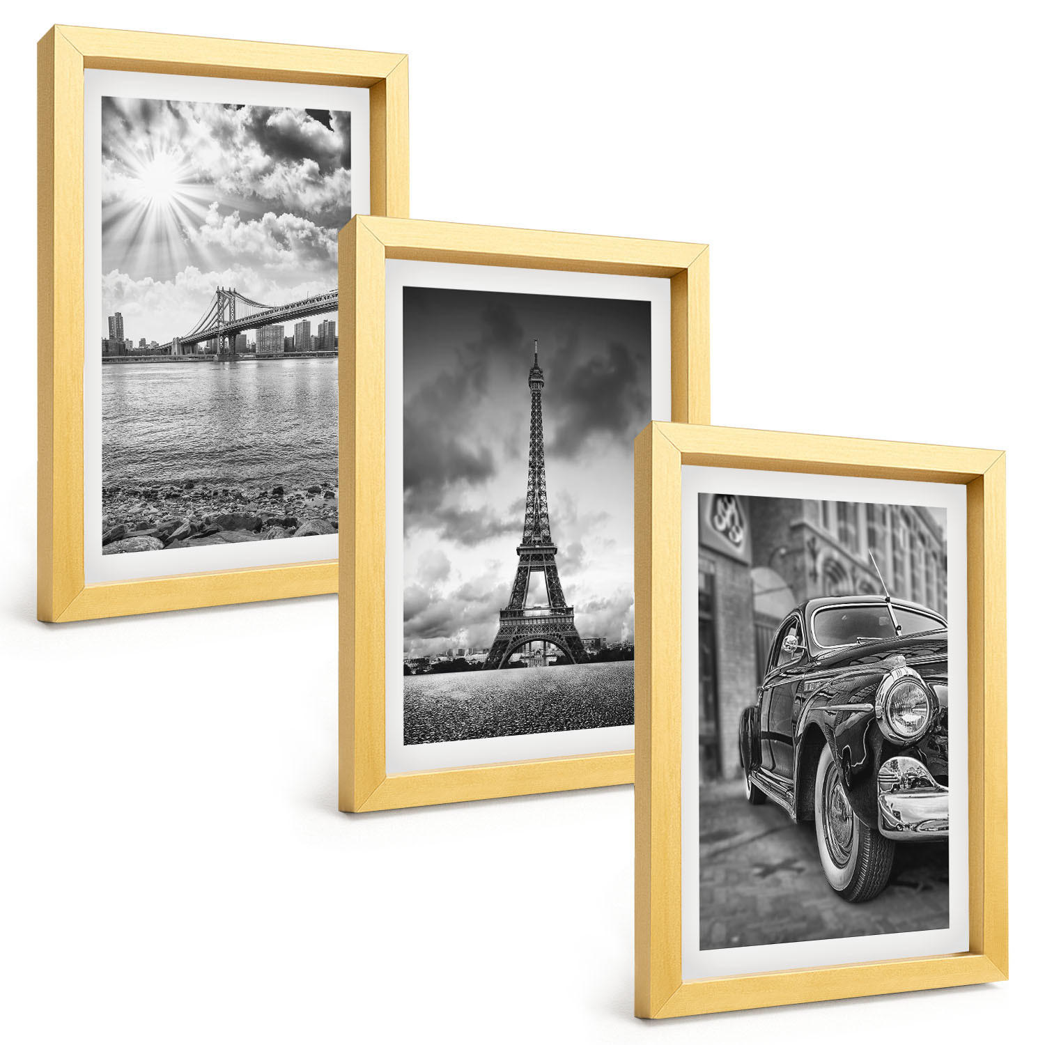 BILDER SET 3er Set - 20x30 cm Goldrahmen - Stadtansichten, Brücken, Eiffelturm - Goldfarben, Kunststoff (20/30cm) - TULUP