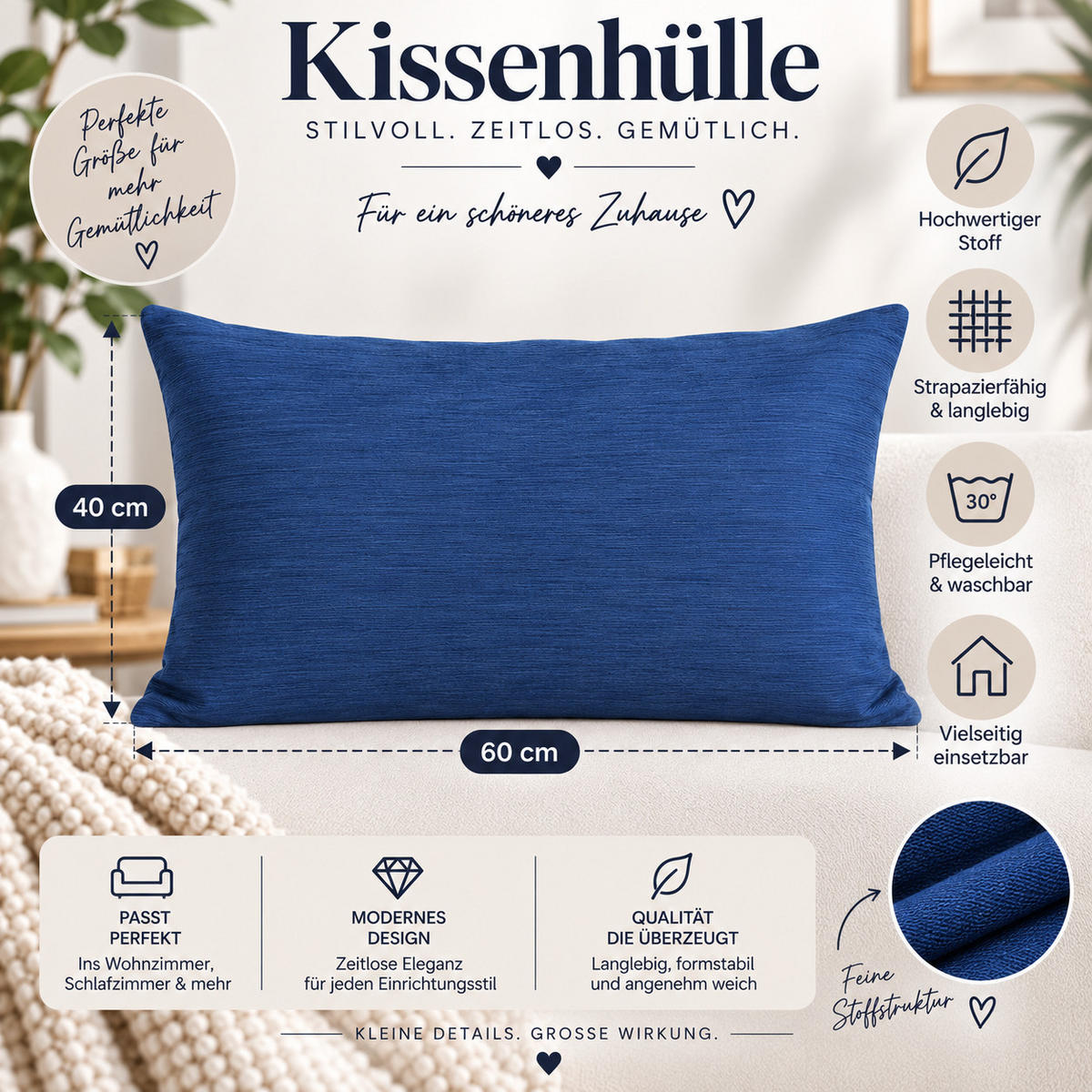 KISSENBEZUG Canada 40/60 cm meliert Blau - Blau, Textil (40/60cm) - TiborTex