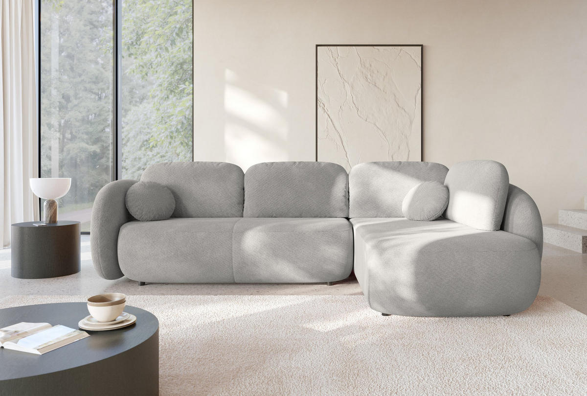 ECKSOFA AMICO II R-S Hellgrau Geflochtener Stoff mit Schlaffunktion - Hellgrau, Holz (289/190cm) - MASSENO