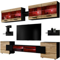 WOHNZIMMERSET Foggia, 6er-Set, Schwarz, Front Eiche Wotan, LED Mehrfarbige - Eiche Wotan/Schwarz, Glas/Holzwerkstoff (230/190/45cm) - Komodee