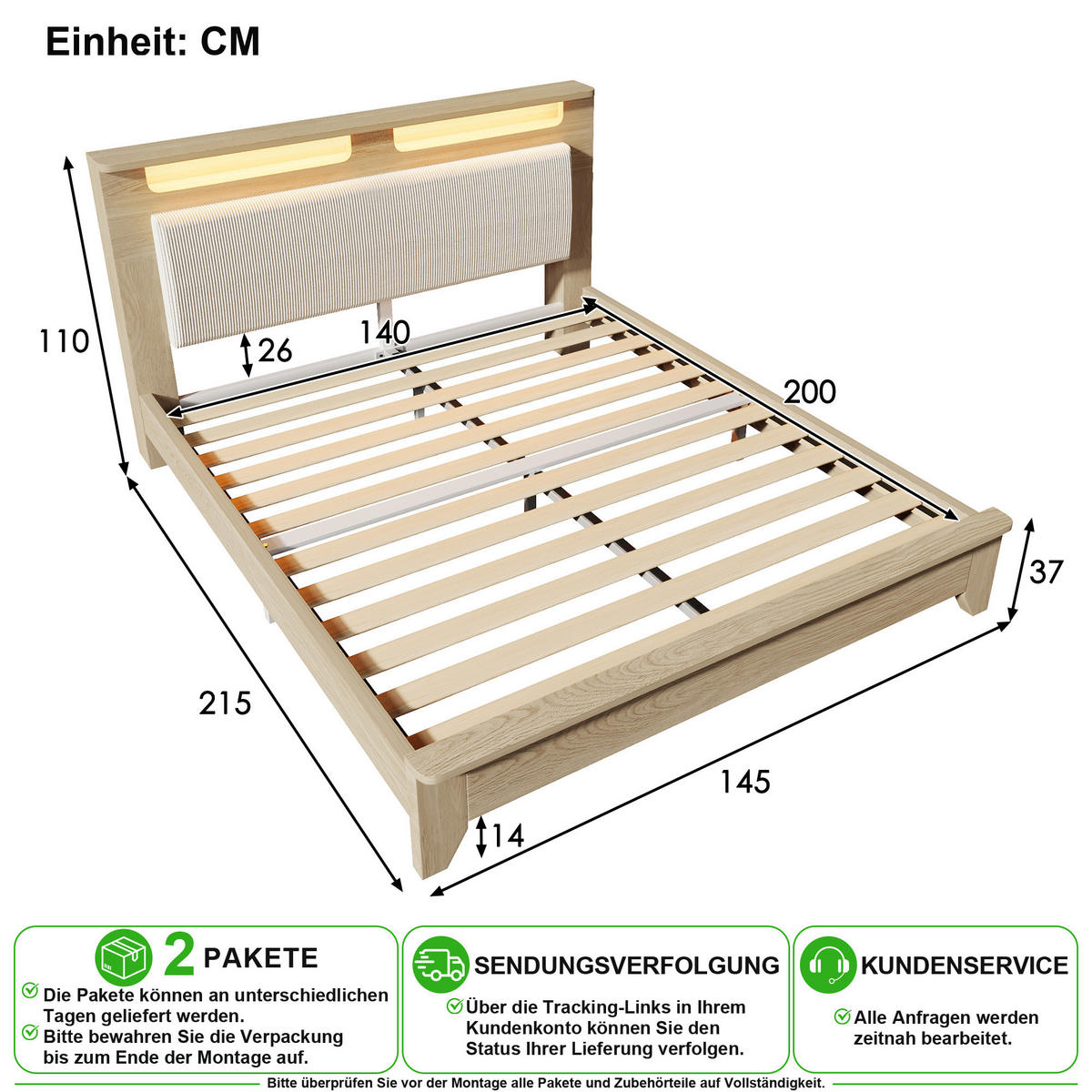 BETT 140/200 cm in Beige & Eichefarben mit LED und Regal - Beige, Holzwerkstoff/Textil (140/200cm) - CHICFURN