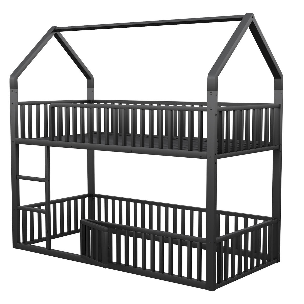 ETAGENBETT 90/200 cm in Schwarz mit Leiter und Tür aus Metall - Schwarz, Metall (90/200cm) - CHICFURN
