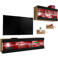 WOHNWAND 4-er Set, TIVOLI SET3 mit mehrfarbige LED RGB Beleuchtung Wotan + Schwarz, Offener Raum - Eiche Wotan/Schwarz, Glas/Holzwerkstoff (240/195/35cm) - Komodee