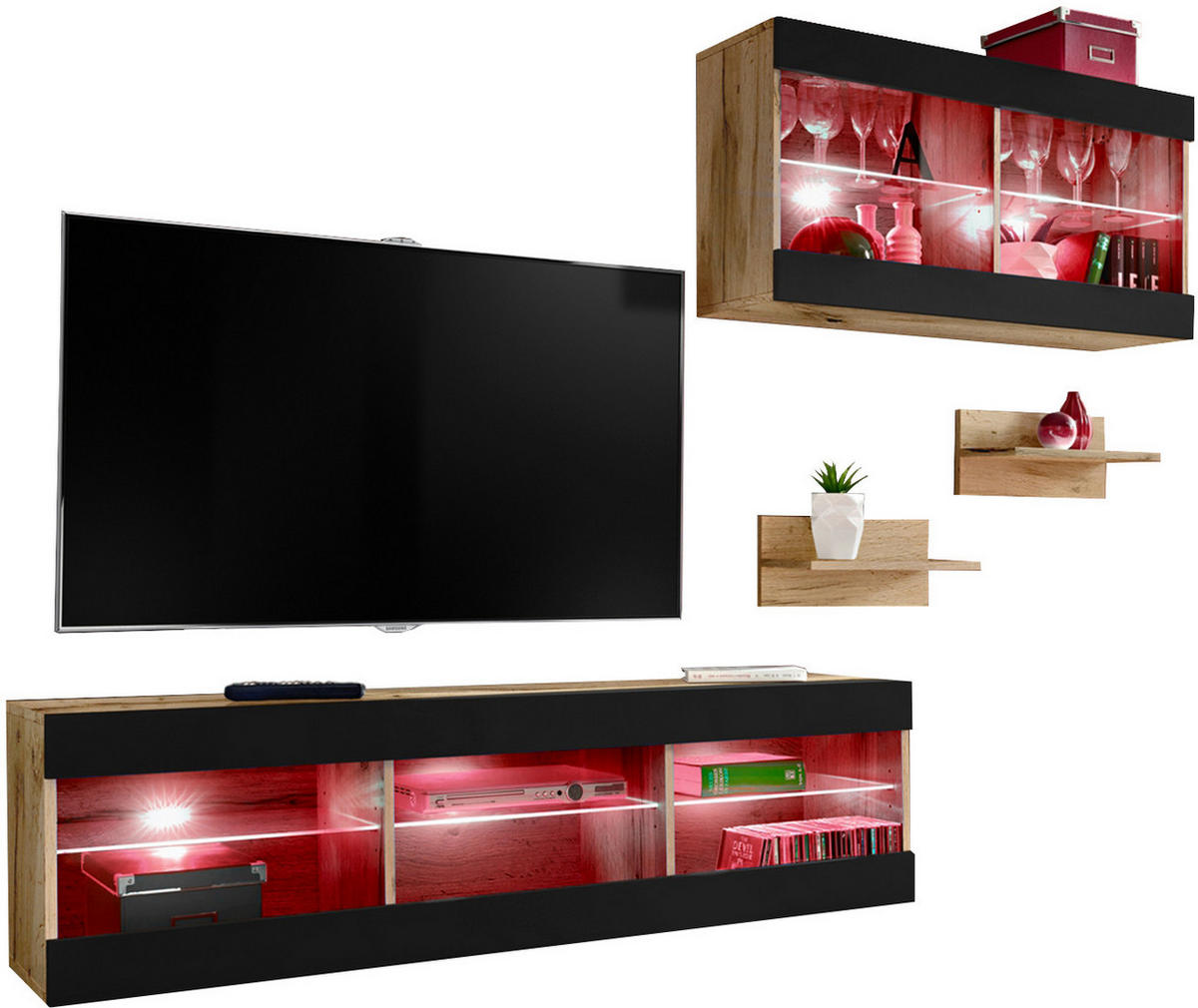 WOHNWAND 4-er Set, TIVOLI SET3 mit mehrfarbige LED RGB Beleuchtung Wotan + Schwarz, Offener Raum - Eiche Wotan/Schwarz, Glas/Holzwerkstoff (240/195/35cm) - Komodee