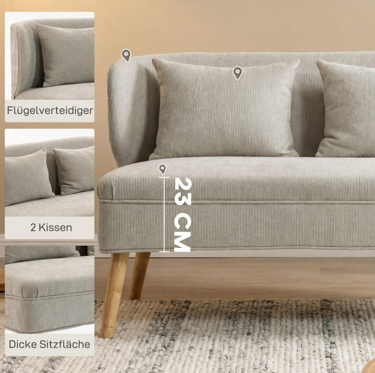 2-SITZER-SOFA Chenille Beige 117 cm - Beige, Holzwerkstoff (117/78.5/65cm) - Meubliv