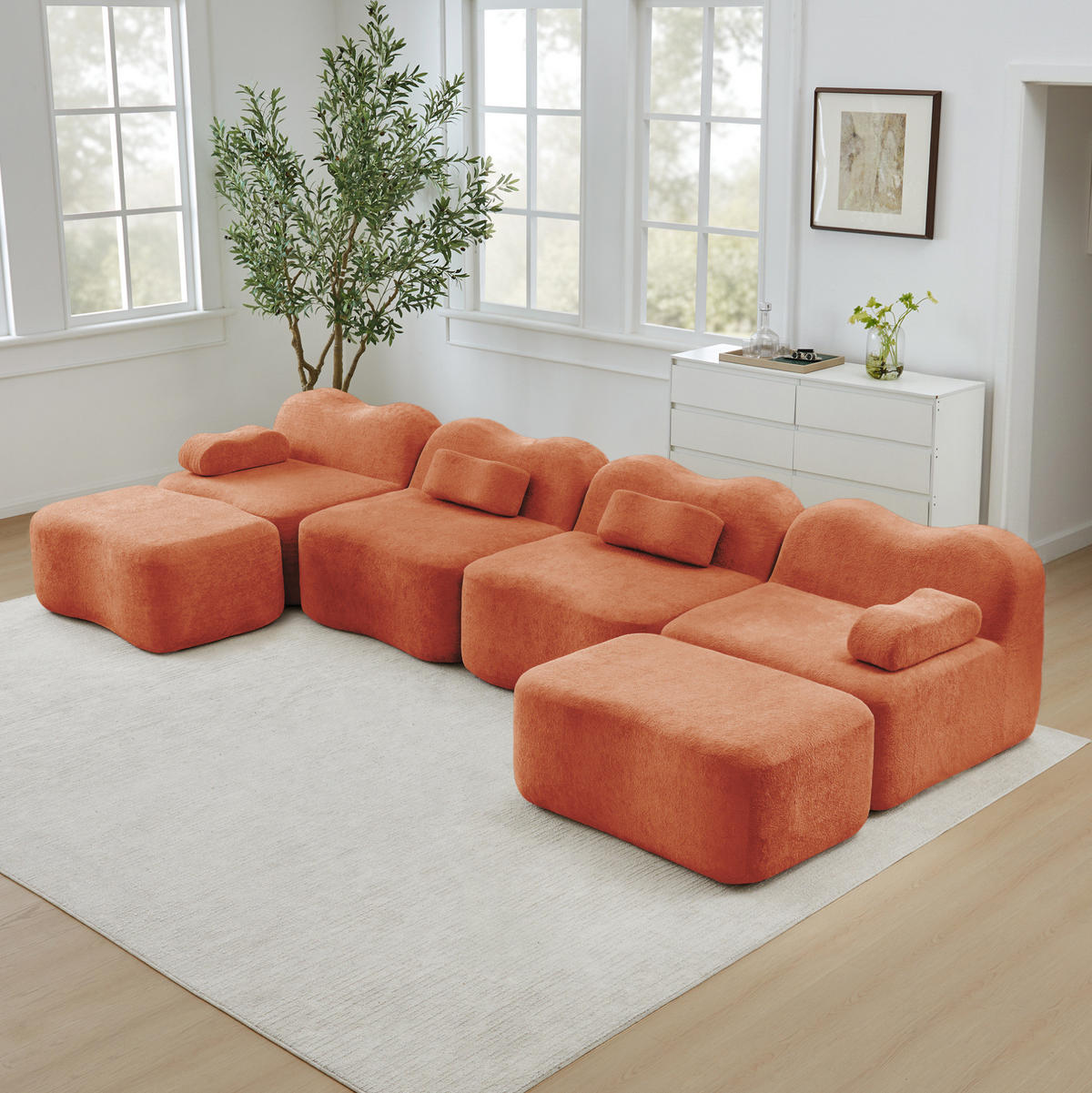 ECKSOFA 384/167/70 cm modular orange aus Samt mit Wellenform und 2 Hockern - Orange, Textil (167/384cm) - OKWISH