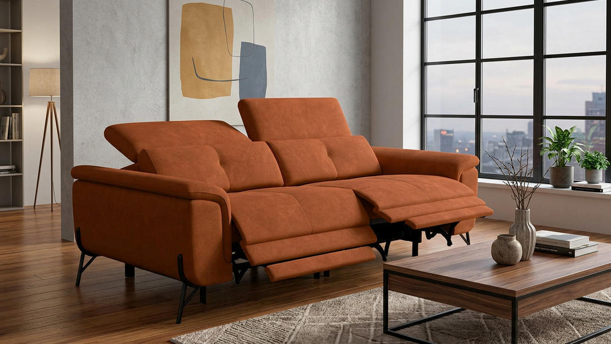 SOFA RELAX AVENA 3-Sitzer, dunkeloranger Veloursstoff - Dunkelorange/Schwarz, Holz/Textil (204/80/108cm) - Wozimo