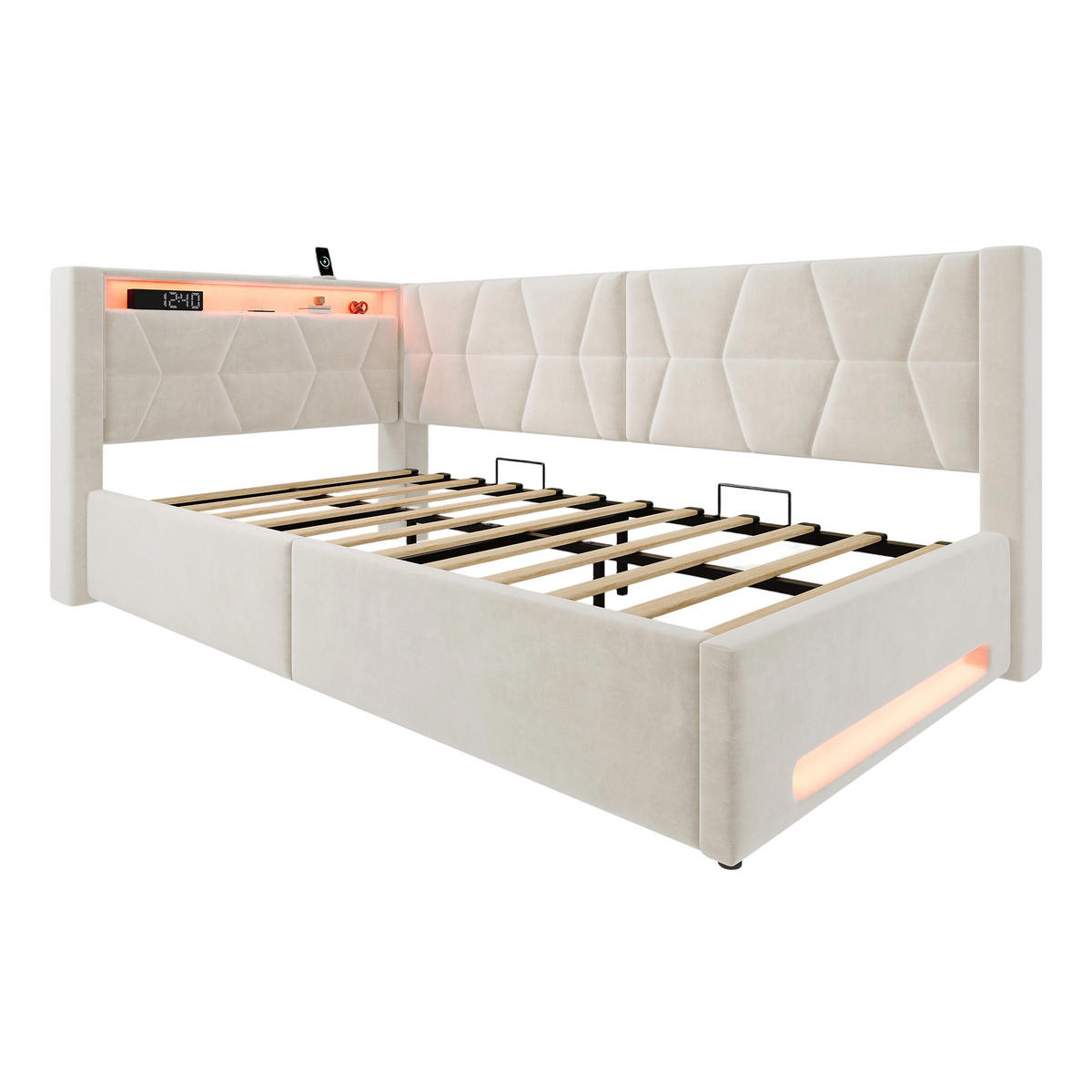 POLSTERBETT 90/200 cm in Beige mit Bettkasten, LED, USB und Type-C aus Samt - Beige, Holzwerkstoff/Textil (90/200cm) - STILVORA