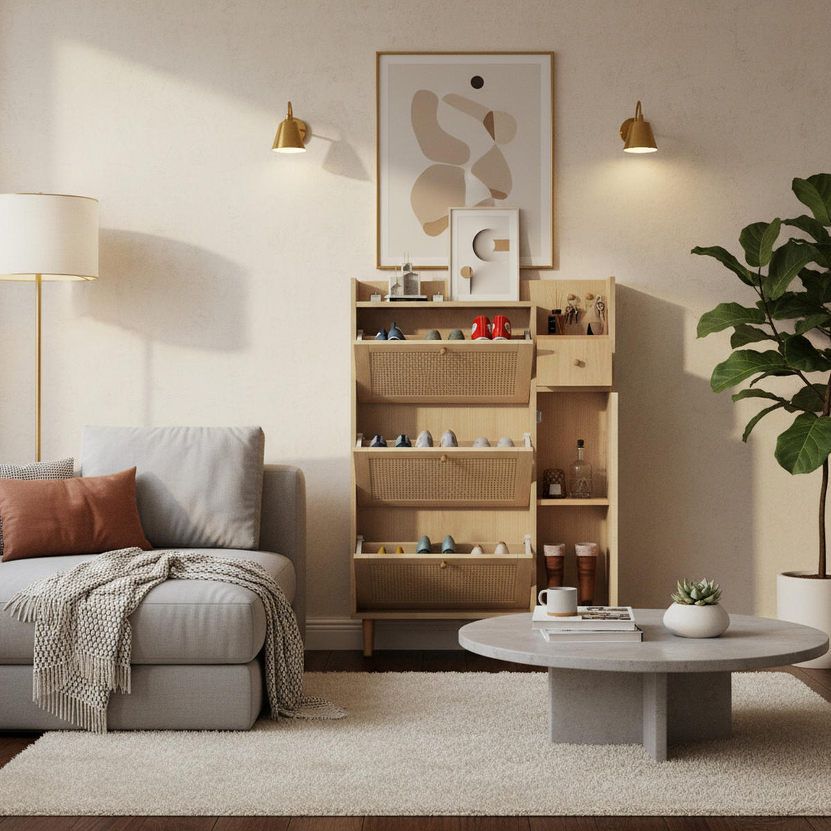 SCHUHSCHRANK Rattan Platzsparender mit 3 Kipp-Türen & 1 Schublade - Eichefarben, Holzwerkstoff (90/125/17cm) - Urban Meuble