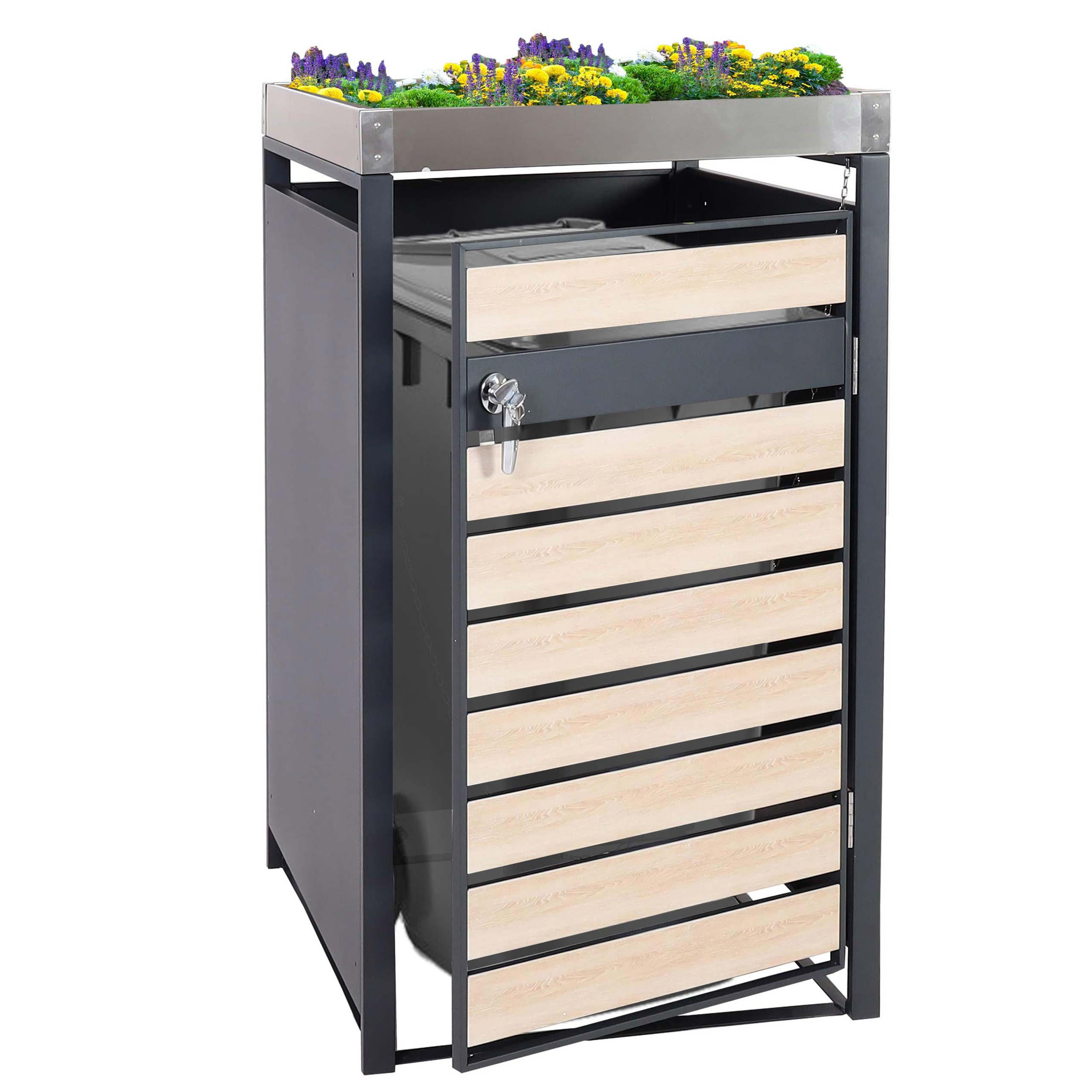 MÜLLTONNENBOX 1er mit Pflanzkasten 125x68x80cm Anthrazit Buche-Holzoptik erweiterbar - Hellbraun, Metall (68/125/80cm) - PROREGAL
