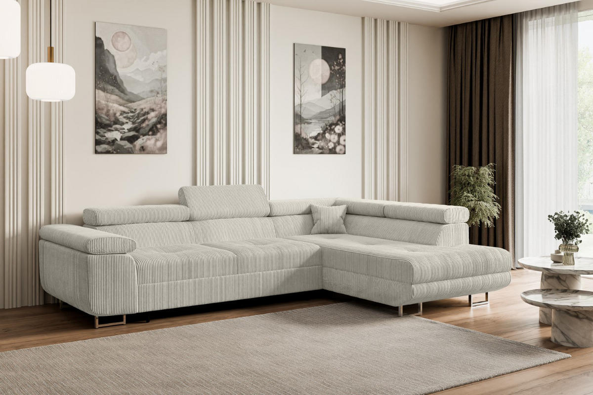 ECKSOFA mit Schlaffunktion und Bettkasten GUSA-L 272x202x107 cm Grau Cord - Silberfarben/Hellgrau, Holzwerkstoff/Textil (272/202cm) - ALTDECOR