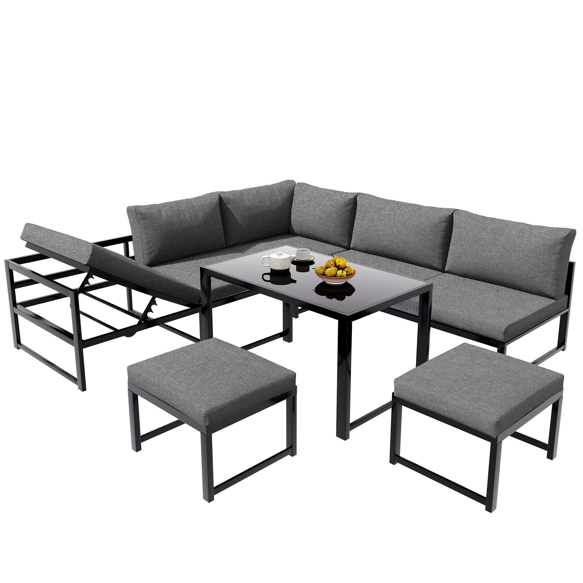 GARTEN-LOUNGESET 199/60/66 cm schwarz/grau aus Aluminium mit Liegefunktion - Grau, Metall - OKWISH