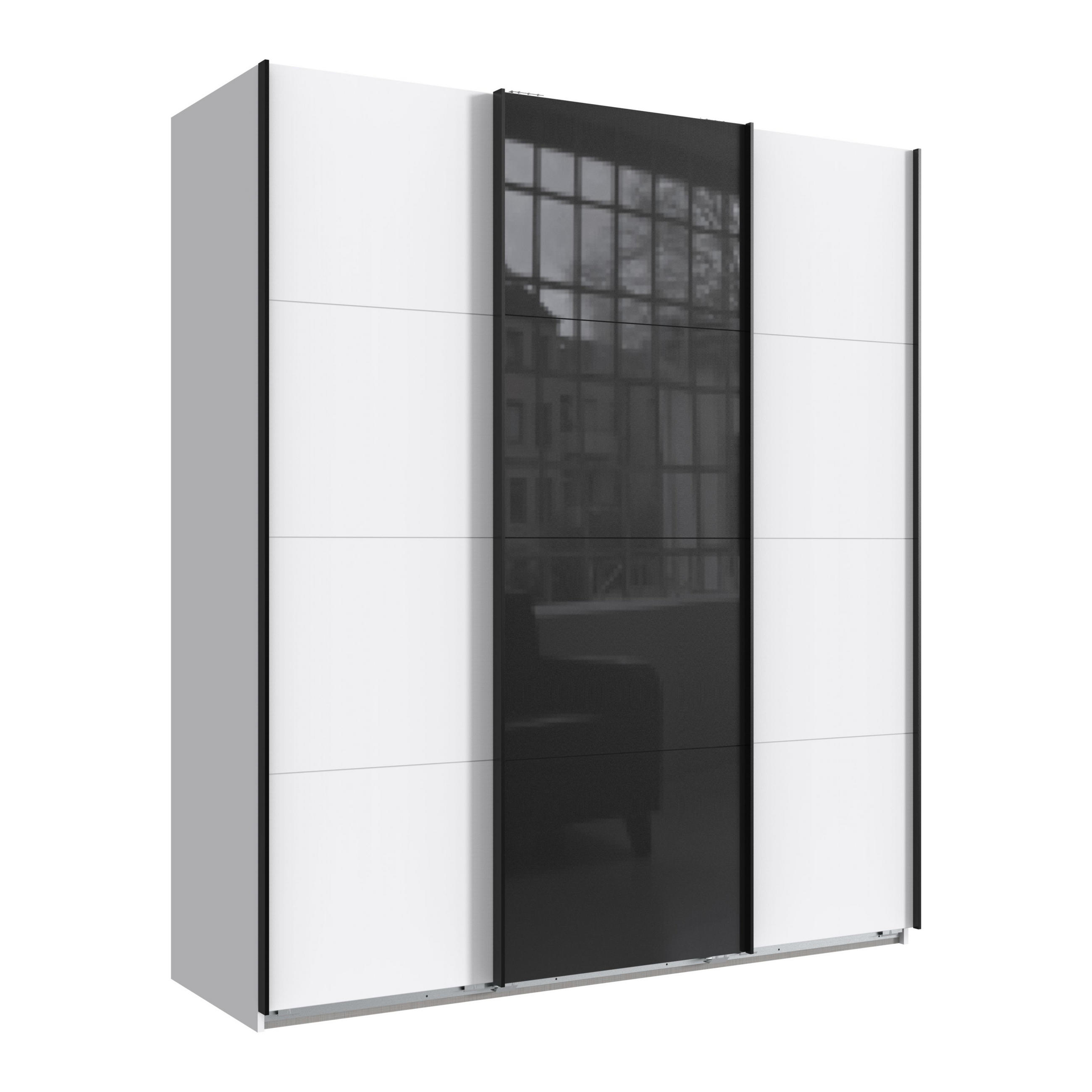 luma-home SKŘÍŇ S POSUVNÝMI DVEŘMI, 3dveřová, šířka 180 cm / výška 208 cm / hloubka 64 cm, bílá, s jedněmi skleněnými dveřmi v černé barvě / 22515