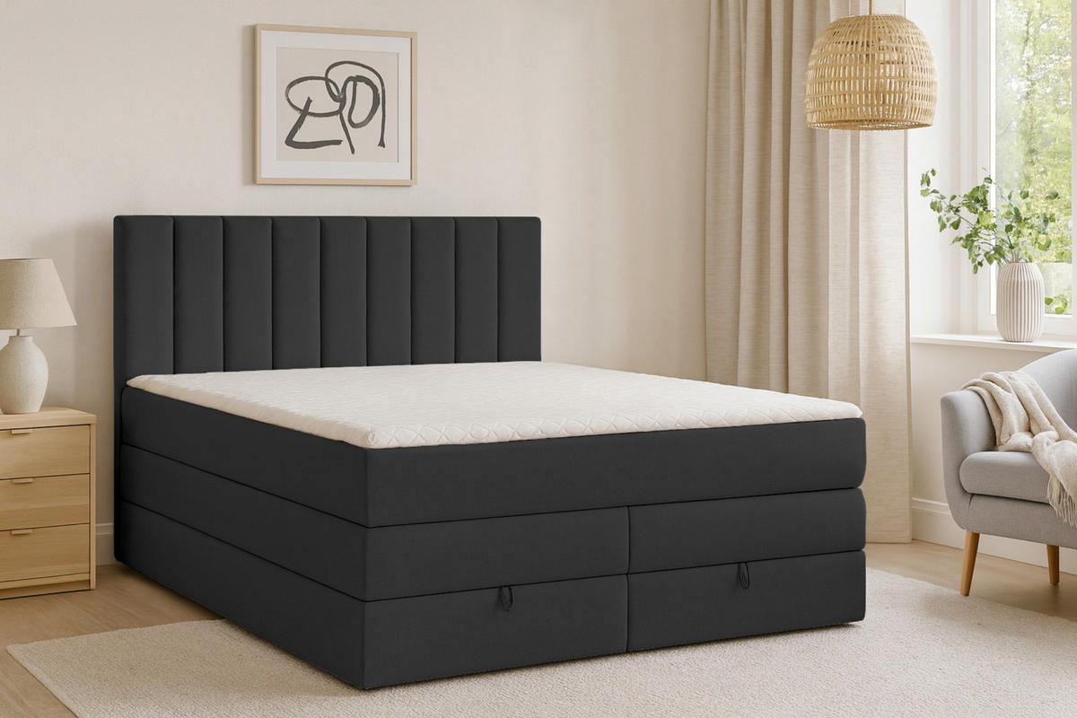 BOXBETT MEXICO 160/200 in Velours Anthrazit mit Doppelmatratze - Anthrazit, Holz/Holzwerkstoff (160/200cm) - Deine Möbel 24