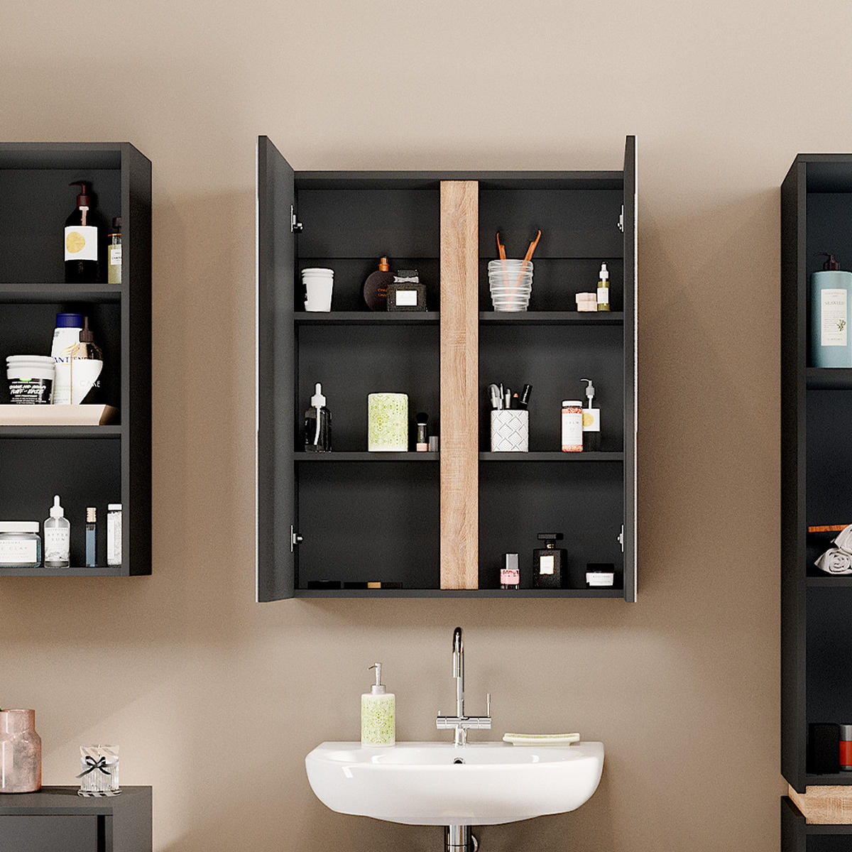 BADSPIEGELSCHRANK Gloria Anthrazit 70.4 x 84 cm mit 2 Türen - Anthrazit/Sonoma Eiche, Holzwerkstoff (70.4/84/15.9cm) - Vicco