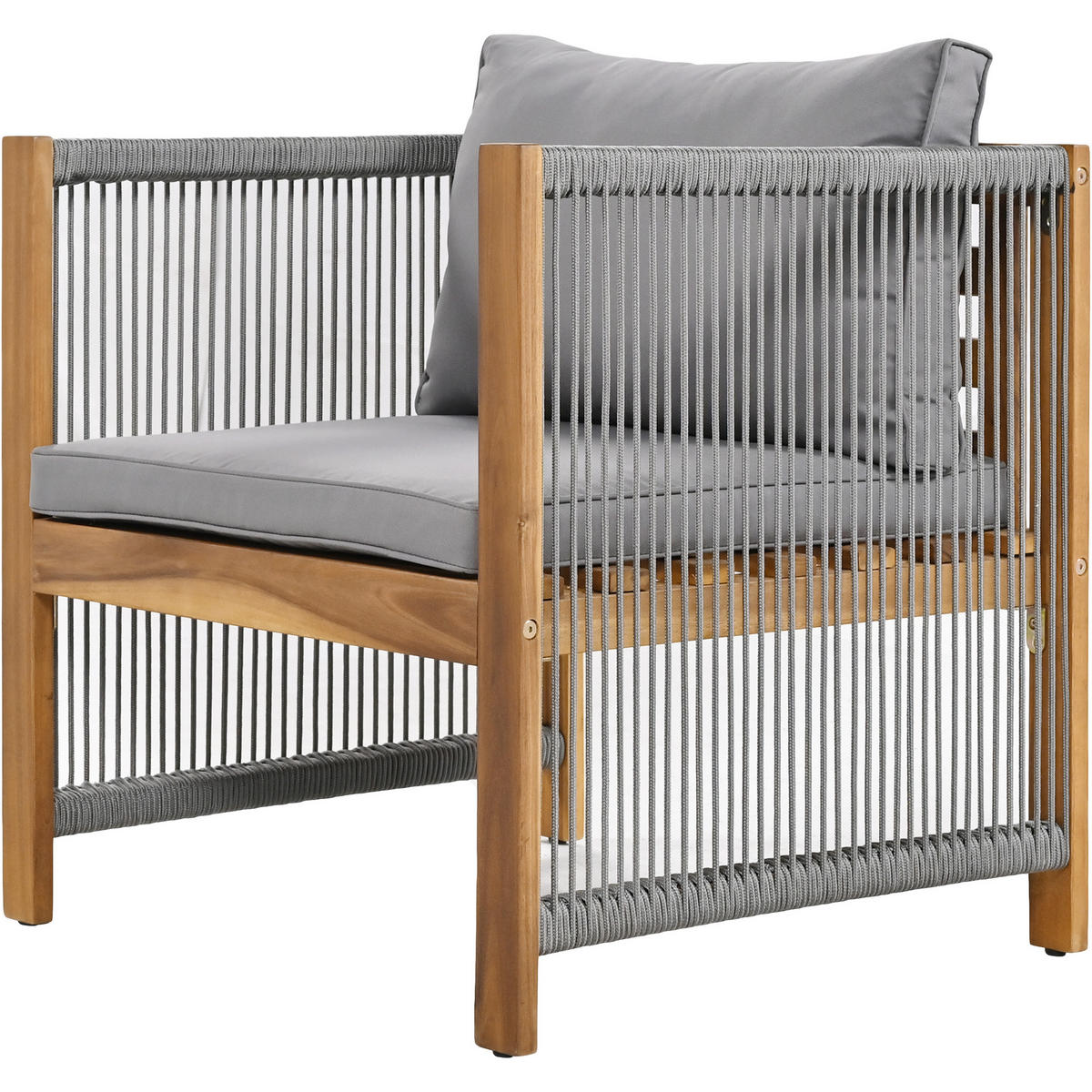 LOUNGESET Grau Rattanoptik Akazie Doppelsofa 2 Sessel Tisch - Grau, Textil - FLIEKS