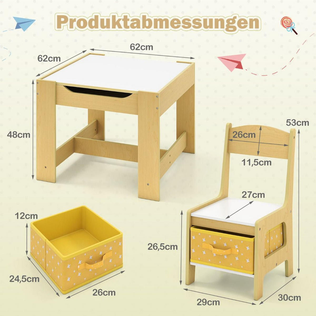 KINDERSITZ‑SET mit Stuhl gelb(3-tlg) - Gelb, Holzwerkstoff (62/48/62cm) - COSTWAY
