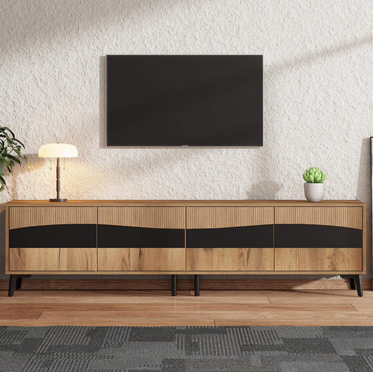 TV stolek 180/40/50 cm se 4 skříňkami, symetrický design a úložný prostor pro 75" TV, Přírodní - přírodní, kompozitní dřevo (180/50/40cm) - Redom