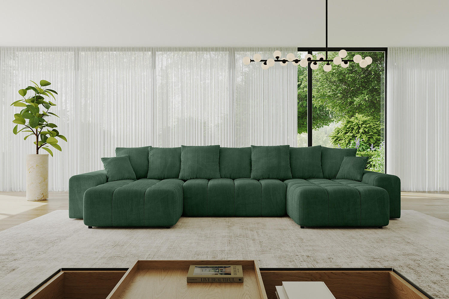 WOHNLANDSCHAFT ENIL-U 390x175x84 Grün Cord - Grün, Holzwerkstoff/Kunststoff (390/84/175cm) - ALTDECOR