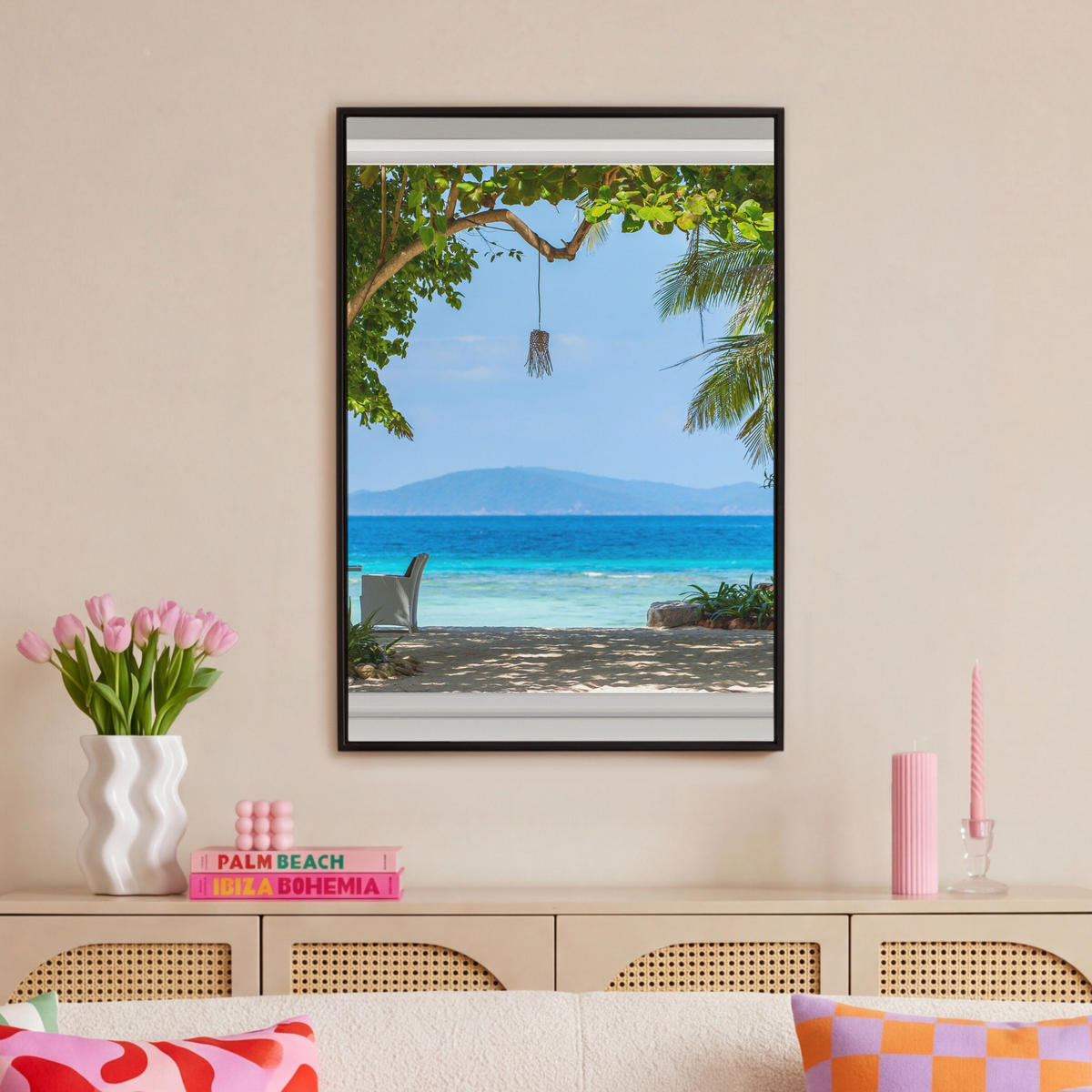 LEINWAND Bilder mit Rahmen - Aussicht - Baum - Meer - Palme - Hügel - Strand - Blau - 60x90 - Blau, Textil (60/90cm) - MuchoWow