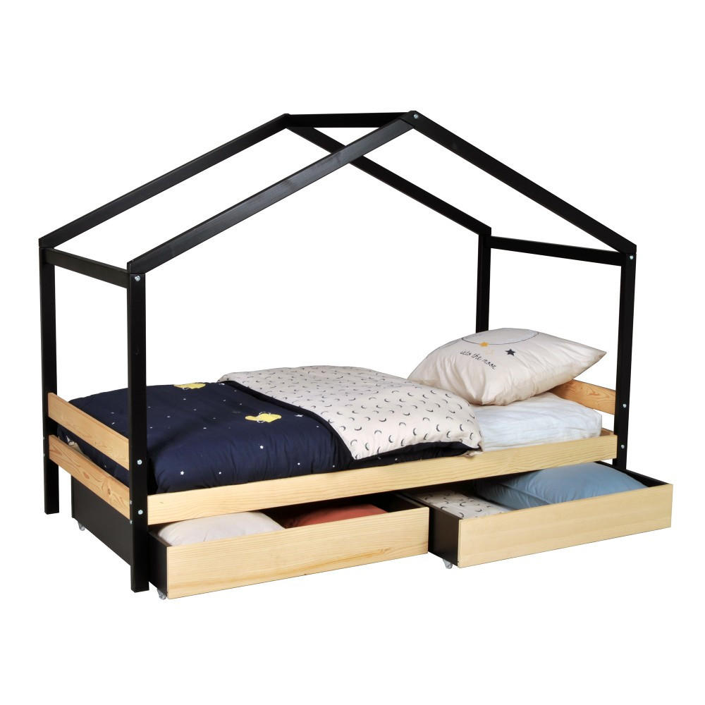 HAUSBETT ETOILE/ SPIELBETT 90x190 + 2 Schubladen - Schwarz und Naturholz - Multicolor, Holz/Holzwerkstoff (90/190cm) - Weber Industries