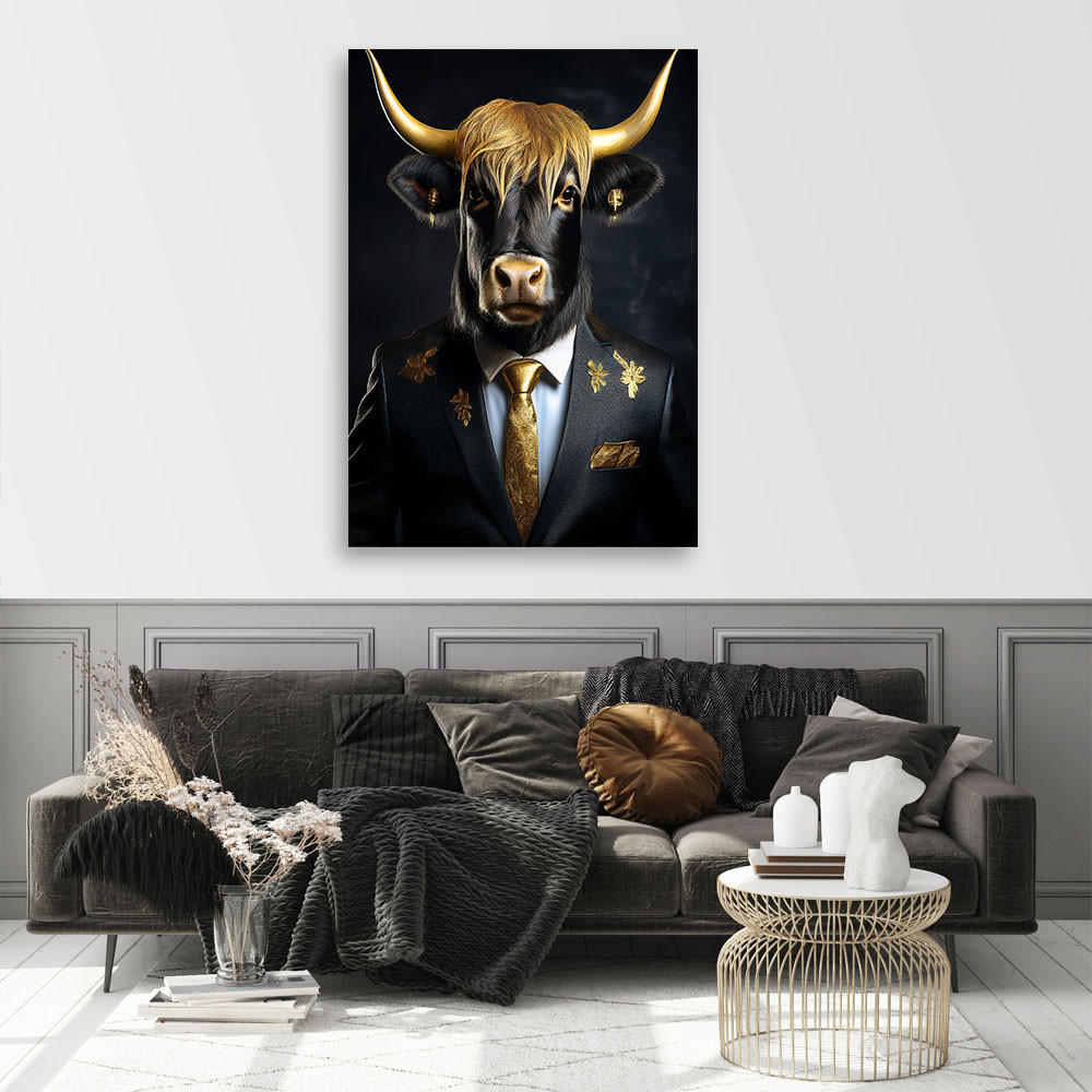 WANDBILD schottische kuh im anzug - Goldfarben, Textil (70/100cm) - Feeby