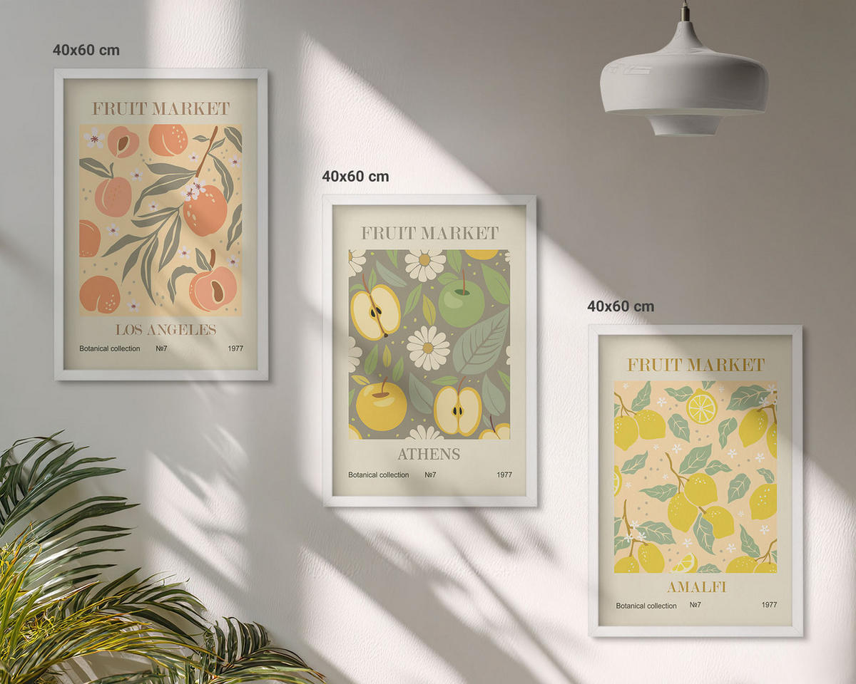 BILDER SET 3er Set - 40x60 cm Weißer Rahmen - Retro-Poster mit Fruchtmustern - Weiß, Kunststoff (40/60cm) - TULUP