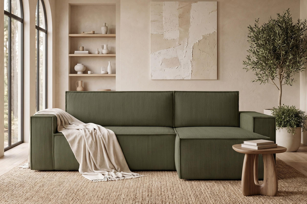 ECKSOFA-LINKS/RECHTS NAPI Schlaffunktion mit Cordbezug, grün - Schwarz/Olivgrün, Textil (262/148cm) - KONSIMO®