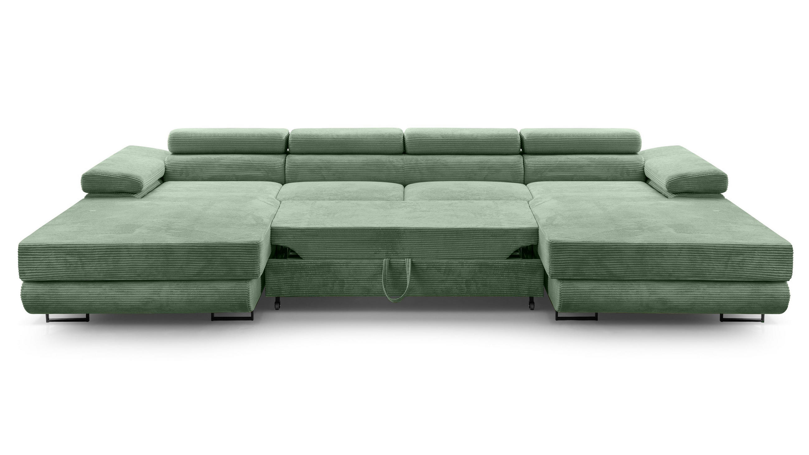 WOHNLANDSCHAFT Arborio Salbeigrün 352/202/90 cm mit Schlaffunktion - Schwarz/Grün, Textil/Metall (352/90/202cm) - AX Living