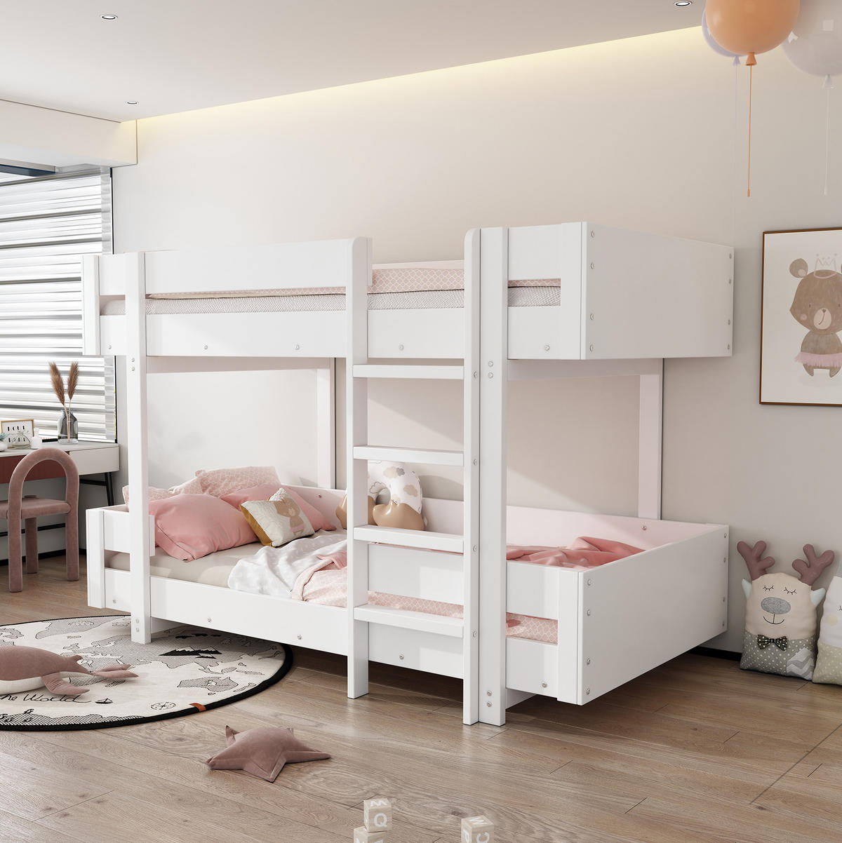 ETAGENBETT aus Massivholz 90x200 cm Weiß mit Leiter und verstärktem Geländer - Weiß, Holzwerkstoff (90/200cm) - Modfu