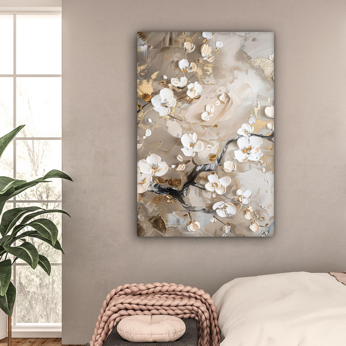 LEINWANDBILD - Blumen - Weiß - Gold - Beige - Luxus - 80x120 - Wanddeko - Greige, Textil (80/120cm) - MuchoWow