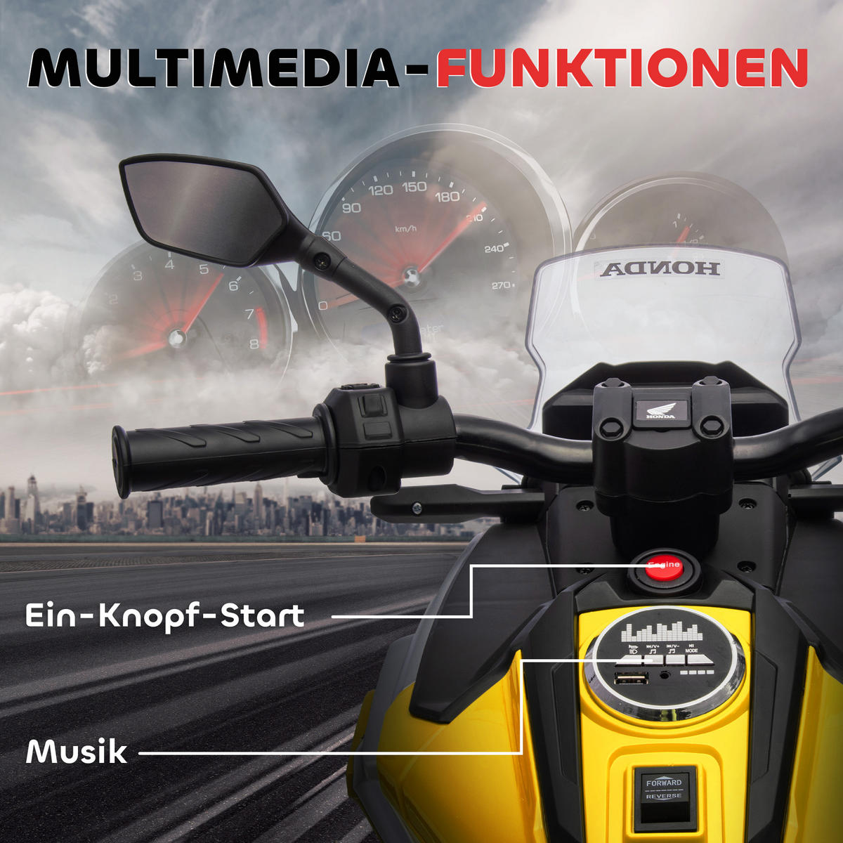 KINDER-ELEKTROMOTORRAD 12V Kindermotorrad mit MP3, USB, LED-Scheinwerfer in Gelb - Gelb, Metall (107/46/75cm) - AIYAPLAY