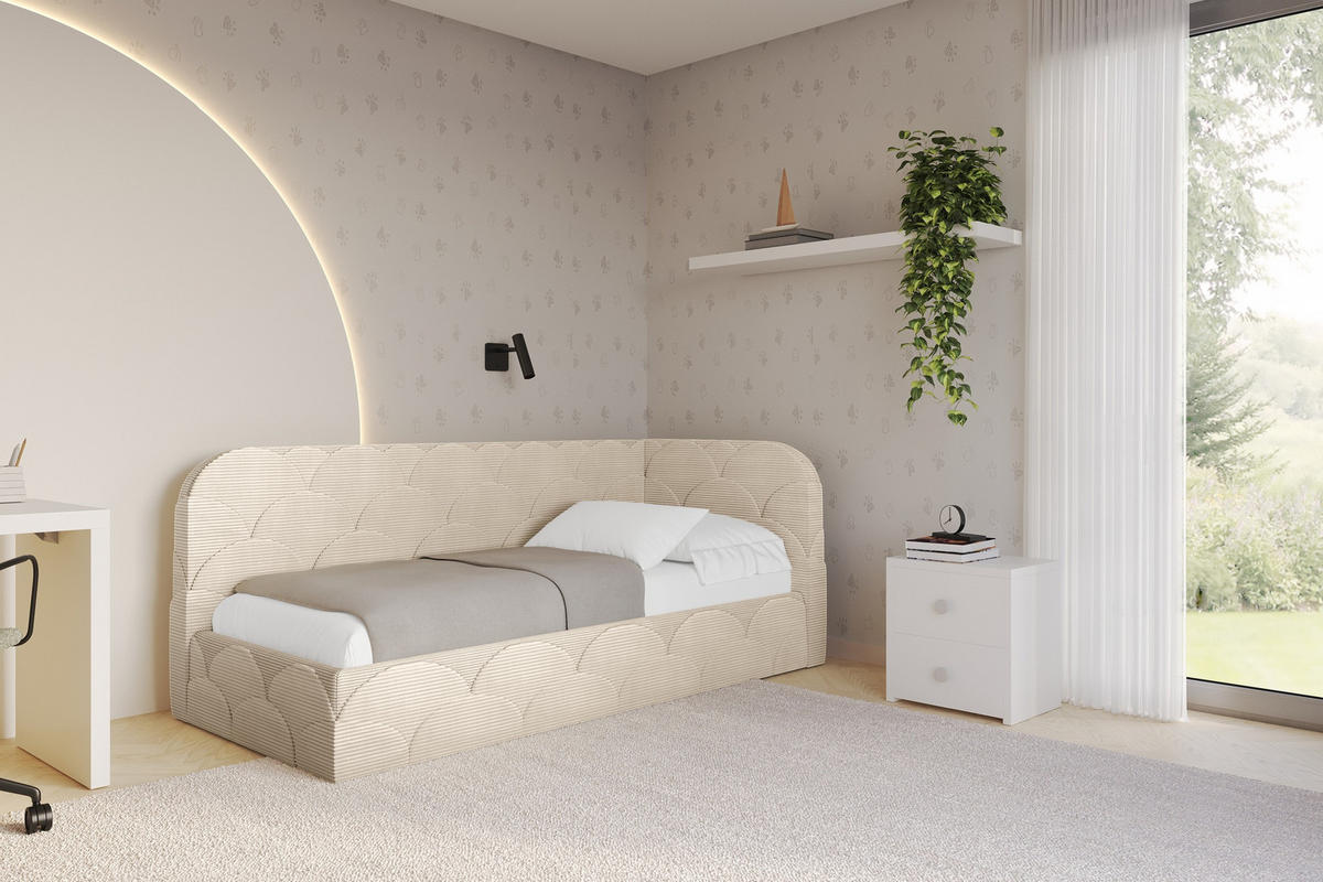 EINZELLBETT Jugendbett mit Bettkasten und Matratze H3/H4, Links - ELRY 90x200 Beige - Creme, Holzwerkstoff/Textil (90/200cm) - ALTDECOR