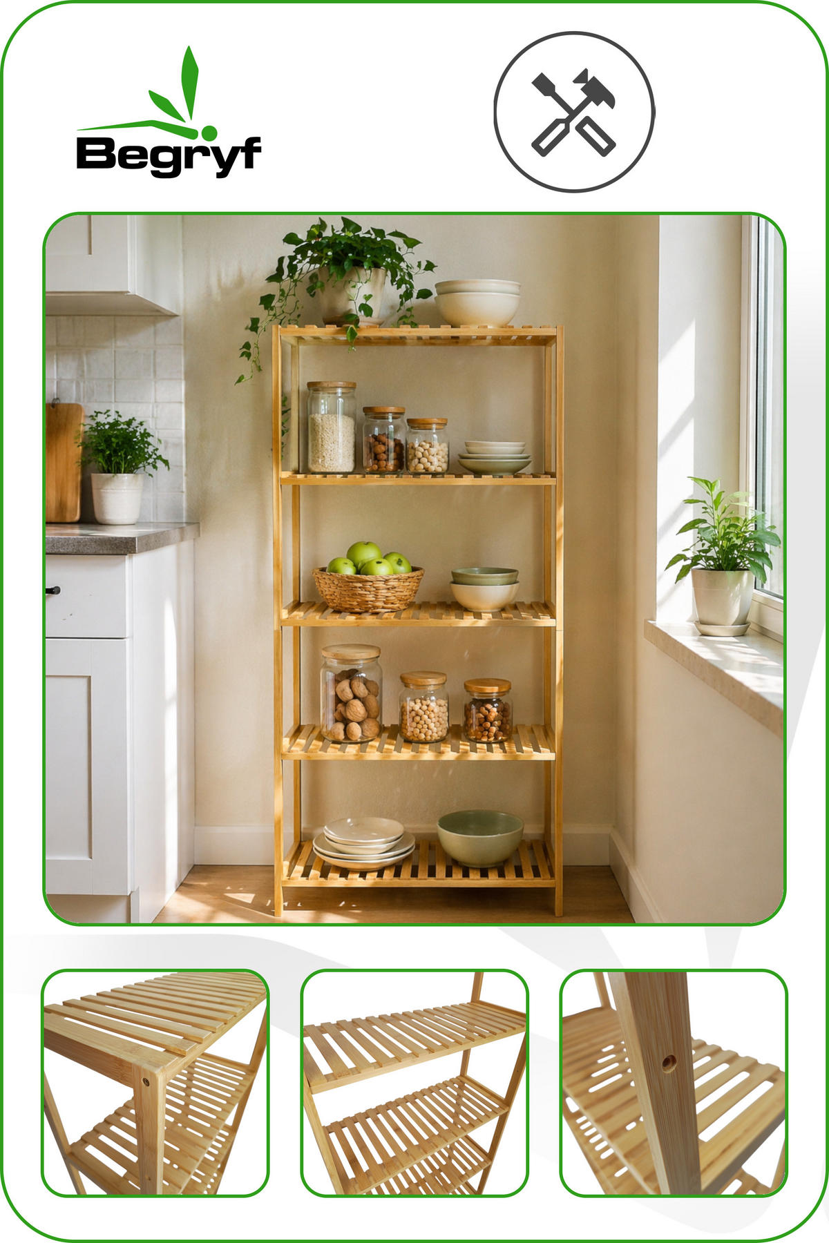 REGAL Bambus Naturfarben Badezimmerregal 5 Ebenen 60x26x130 cm - Naturfarben, Holz (26/130/60cm) - Begryf