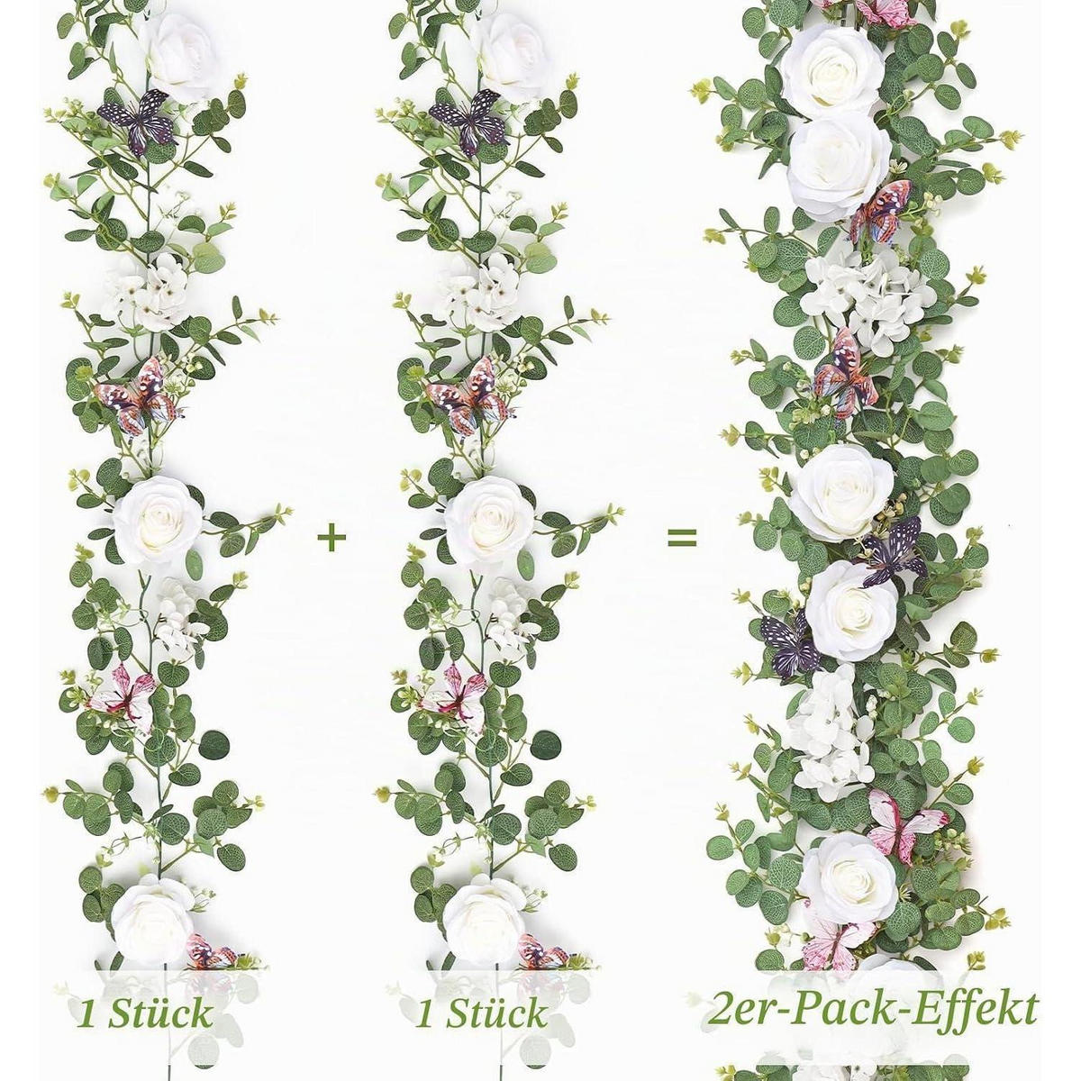 KÜNSTLICHE Blumengirlande 2-teiliges Set Eukalyptus mit Schmetterlingen und Rosen 1,8 m Grün - Multicolor, Kunststoff (1cm)
