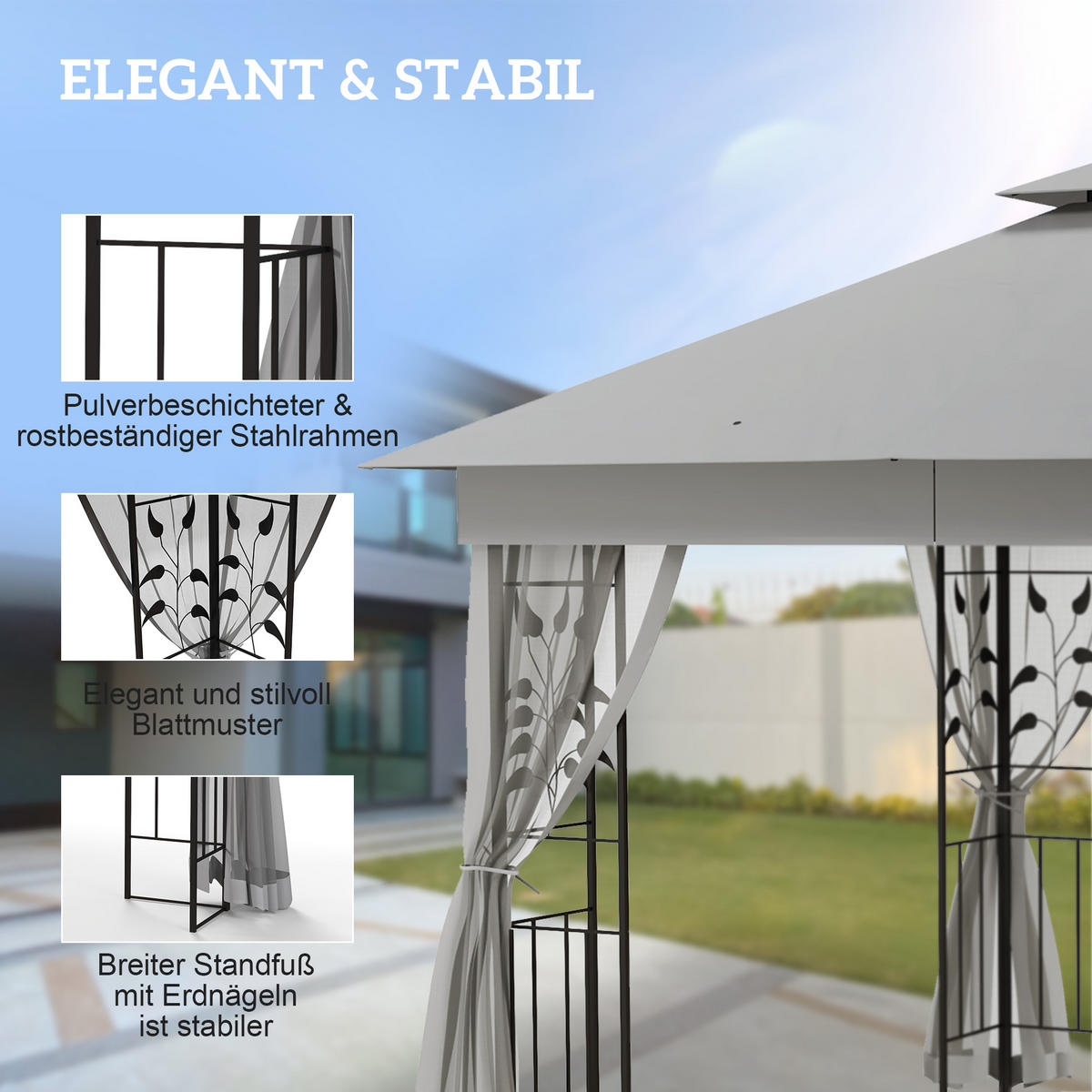 PAVILLON Stahl Polyester Hellgrau Schwarz - Hellgrau/Schwarz, Textil/Metall (300/280/300cm) - Outsunny