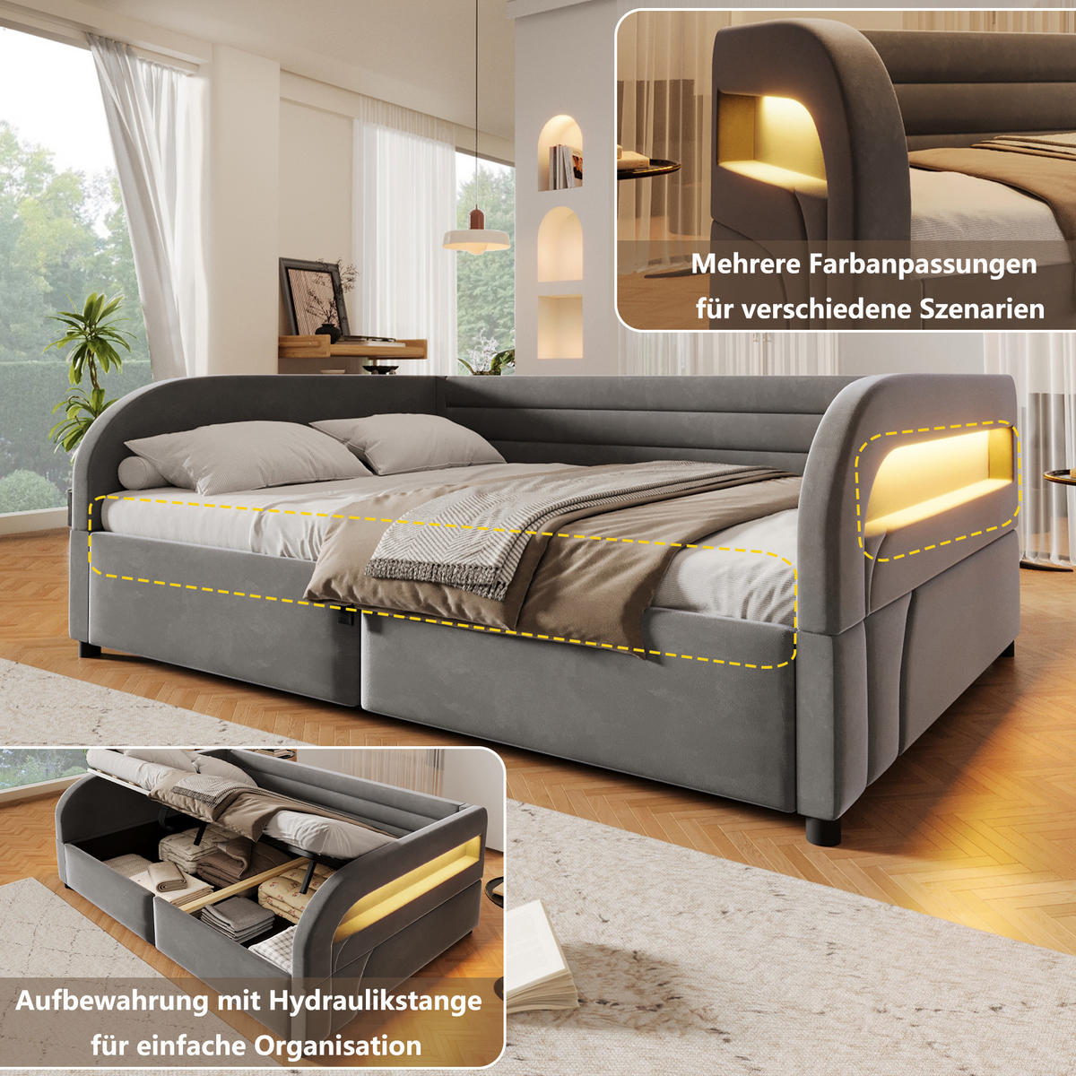 POLSTERBETT 140/200 cm in Grau mit Bettkasten und LED Stoff - Grau, Holzwerkstoff/Textil (140/200cm) - STILVORA