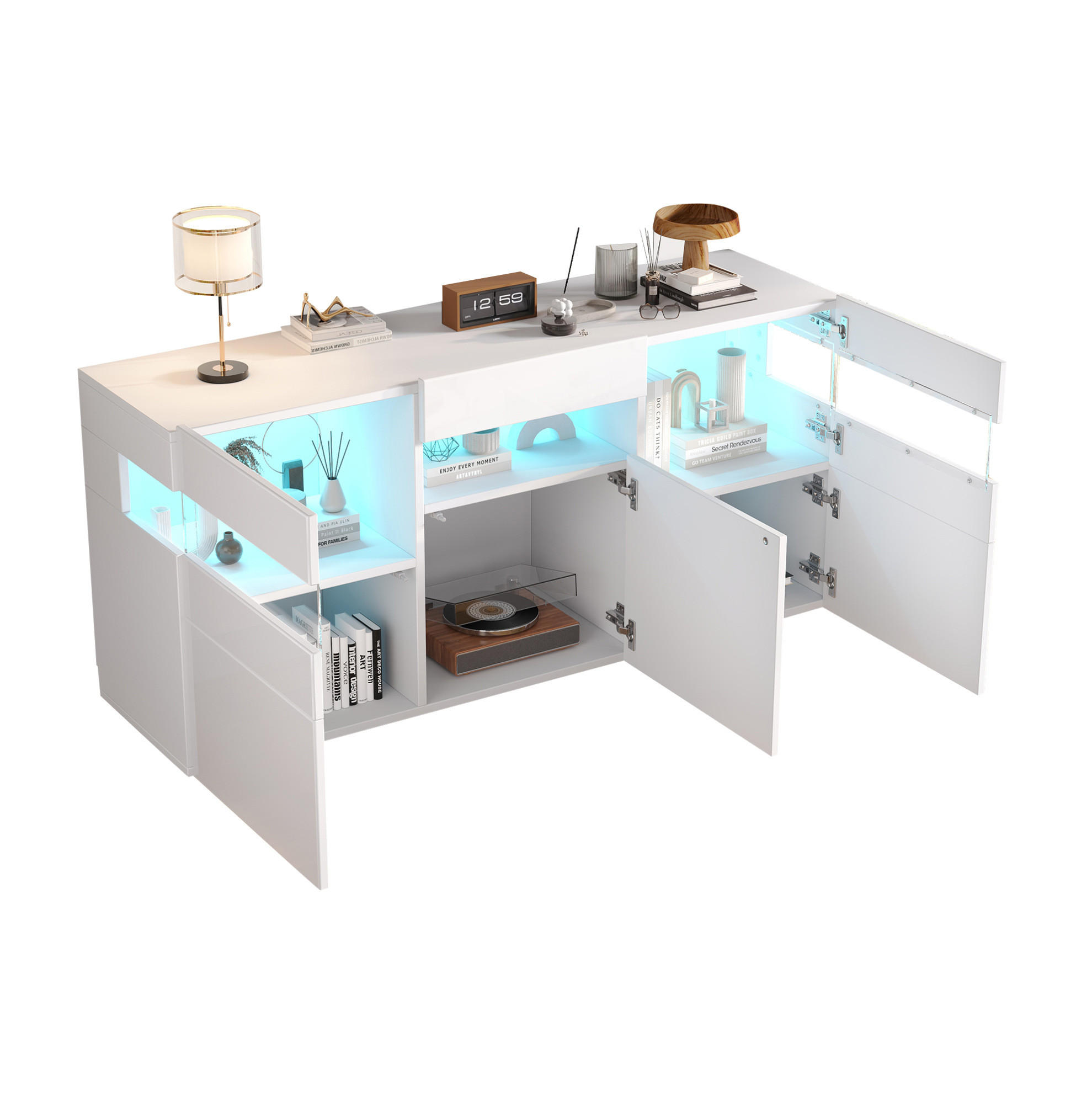 SIDEBOARD 140/40,5/66,5 cm mit 3 Türen, LED-Beleuchtung & Hochglanzfront - Weiß, Holzwerkstoff (140/66.5/40.5cm) - BEAOK