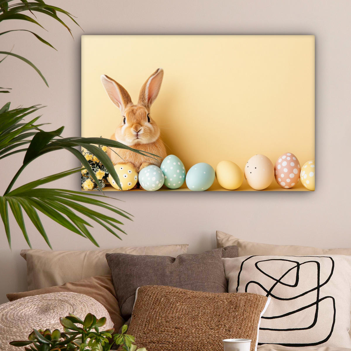 LEINWANDBILD Eier - Kaninchen - Pastellfarbtöne Wanddeko 90x60 cm - Hellgelb, Textil (90/60cm) - MuchoWow