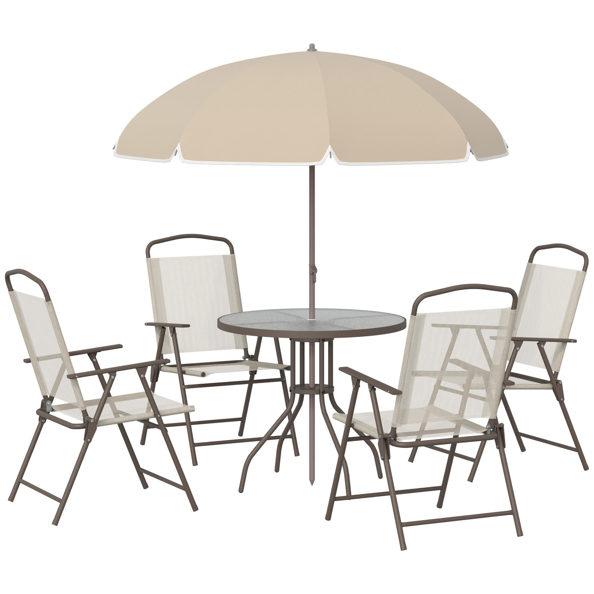BALKONSET DE-18108 4 Klappstühle, runder Tisch und Schirm Beige - Braun, Metall - ComfortXL
