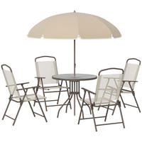BALKONSET DE-18108 4 Klappstühle, runder Tisch und Schirm Beige - Braun, Metall - ComfortXL