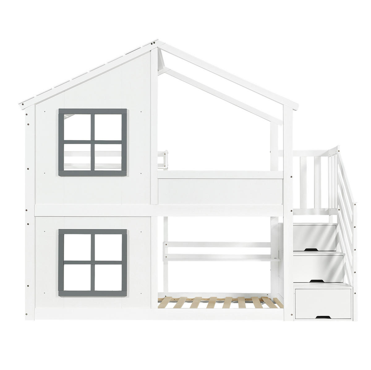 ETAGENBETT aus Kiefer und MDF 90x200 cm Weiß/Grau mit Treppenaufbewahrung, Fenstern und Dach - Weiß, Holz (90/200cm) - Modfu