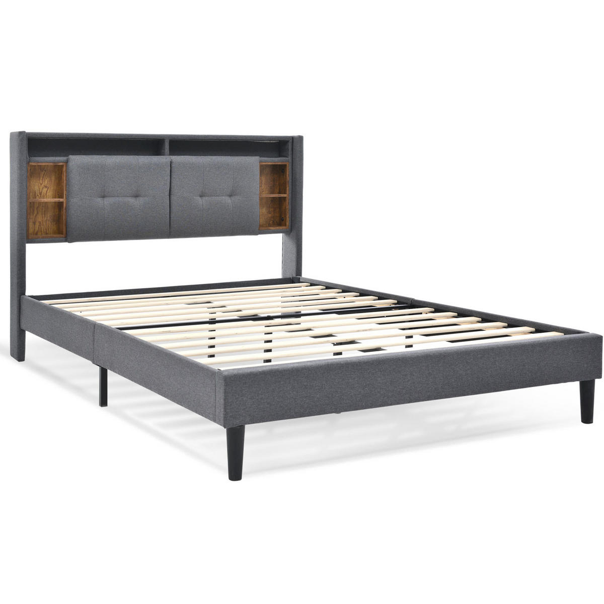 BETT mit Stauraum-Kopfteil USB und LED 140x200 cm Grau - Grau, Holz (140/200cm) - Meubliv