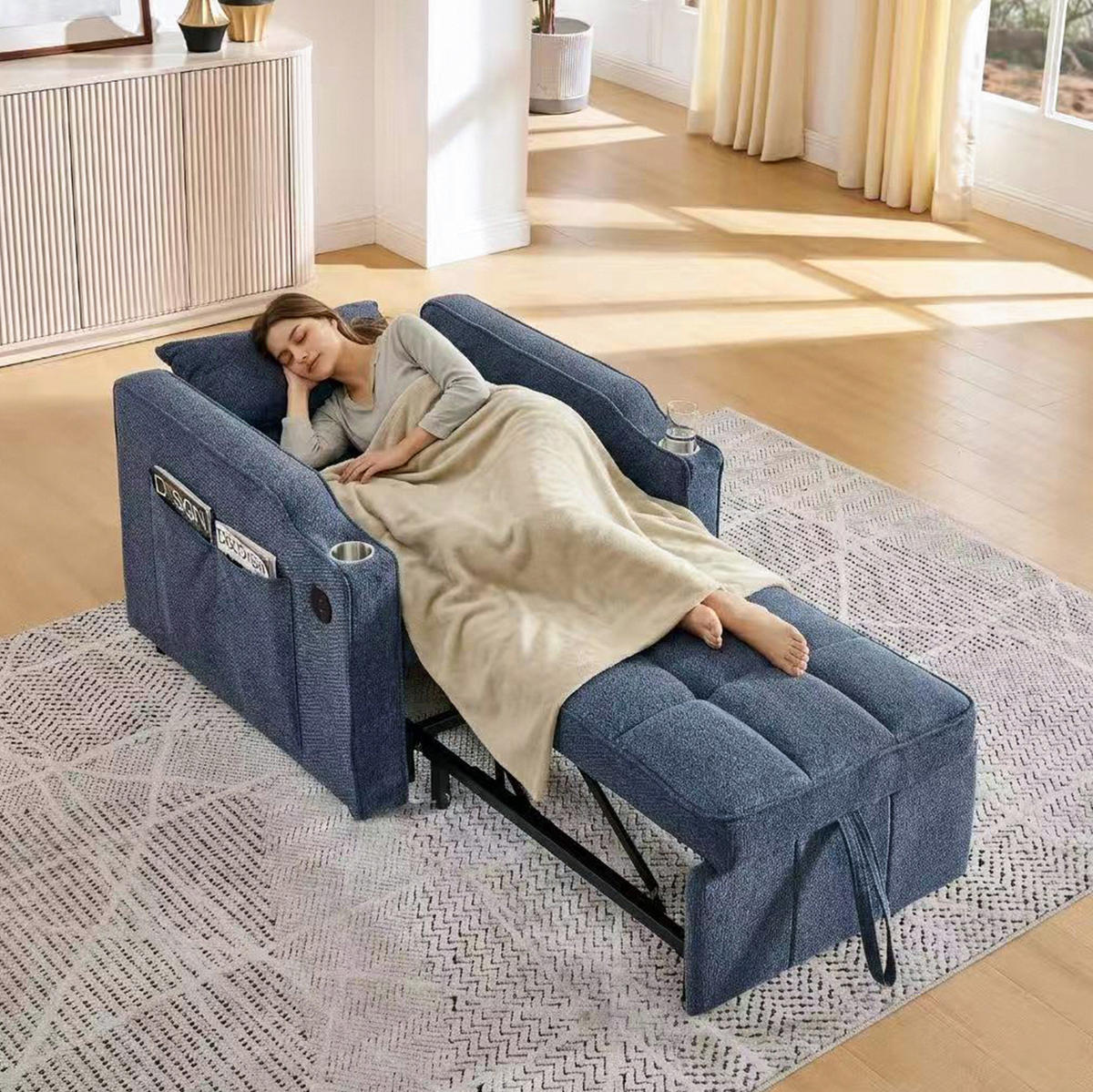SCHLAFSESSEL 3-in-1 mit Liegefunktion 190 cm Navy Blue - Blau, Holz (85/86/190cm) - Meubliv
