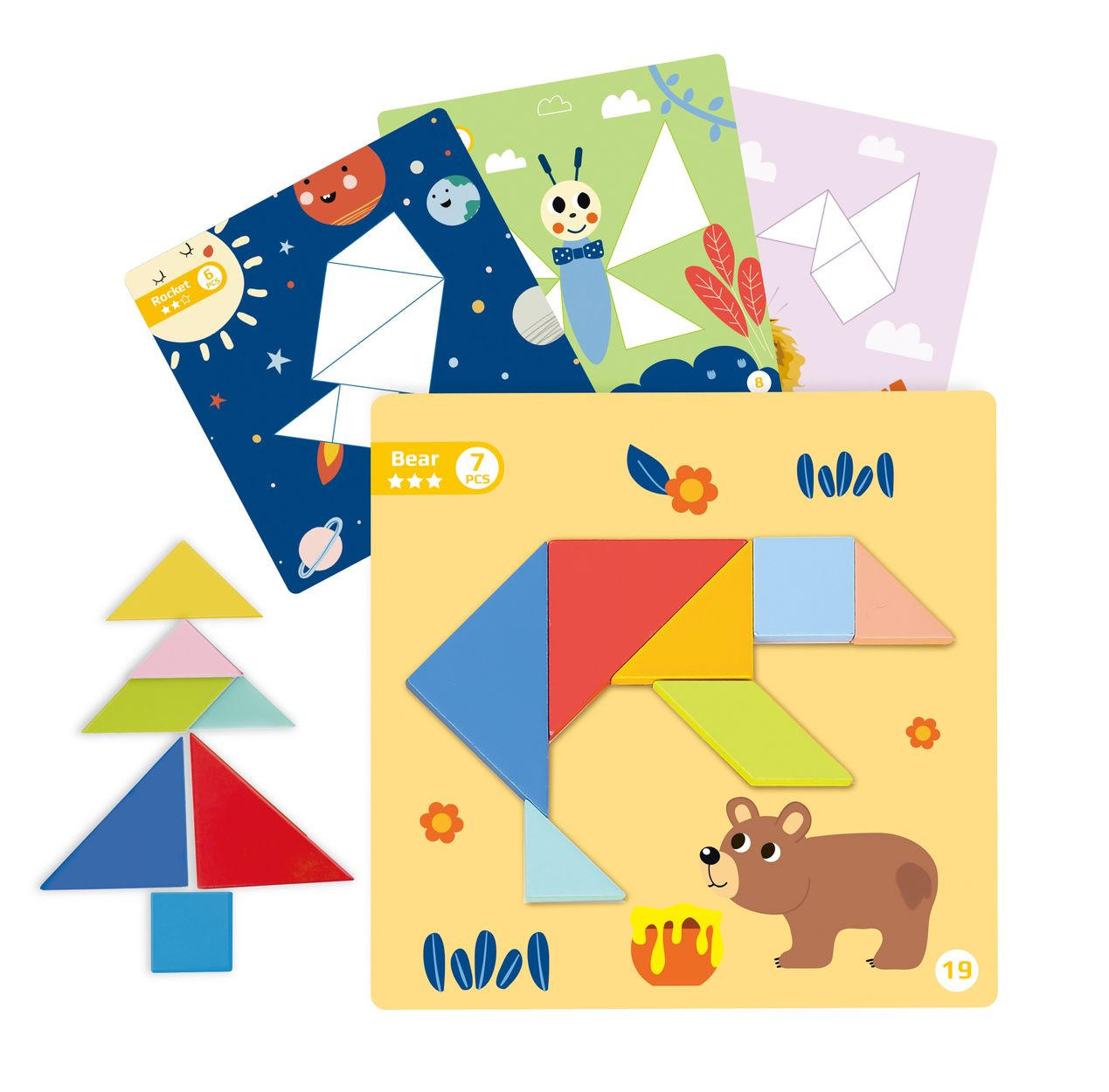 HOLZSPIELZEUG Magnetpuzzle Tangram TF642 bunt Holz, 18-teilig, geometrische Formen, Vorlagen, Magnetpuzzle - Multicolor, Holz (22/22cm) - Tooky Toy